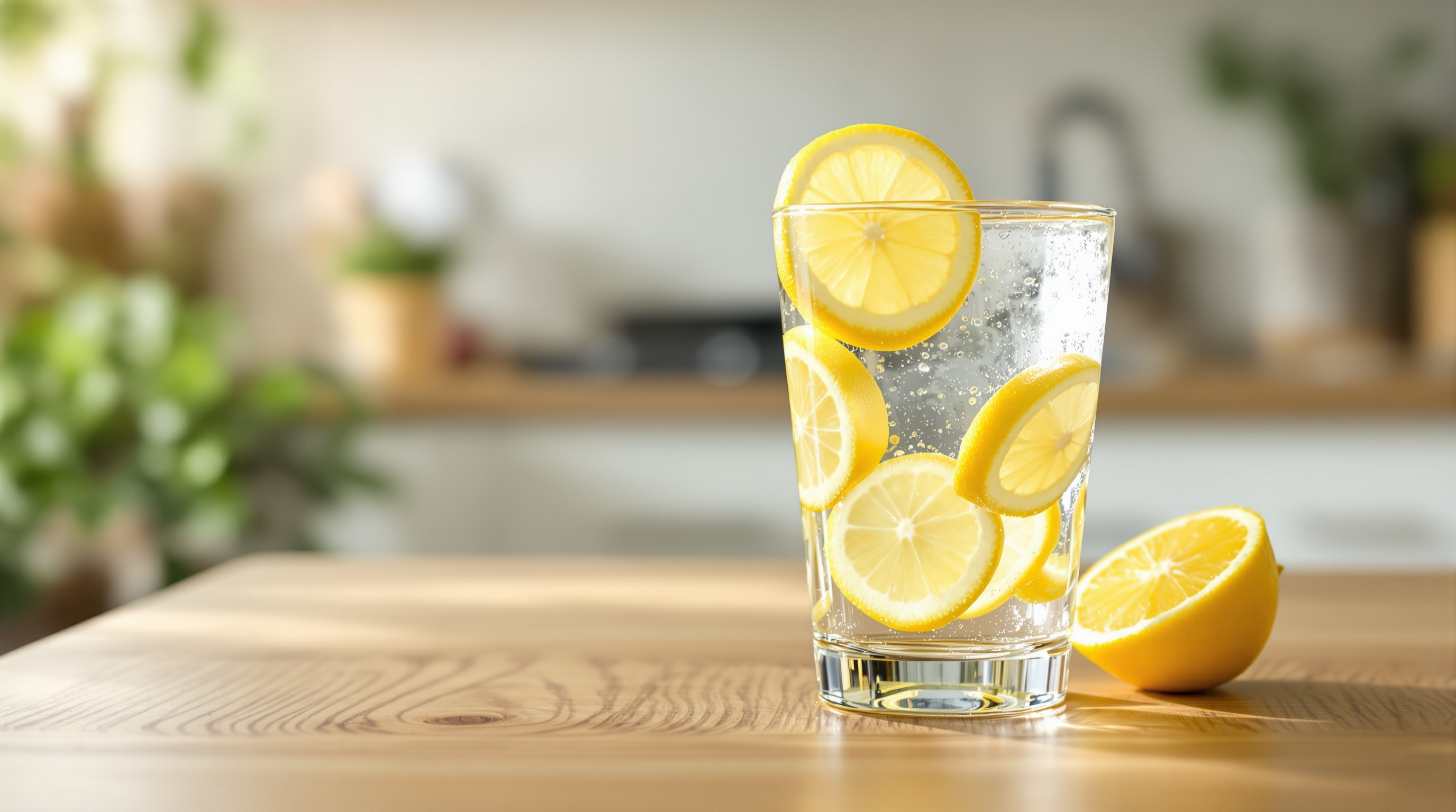 Glas Wasser mit Zitronenscheiben auf einem Holztisch im sanften Morgenlicht