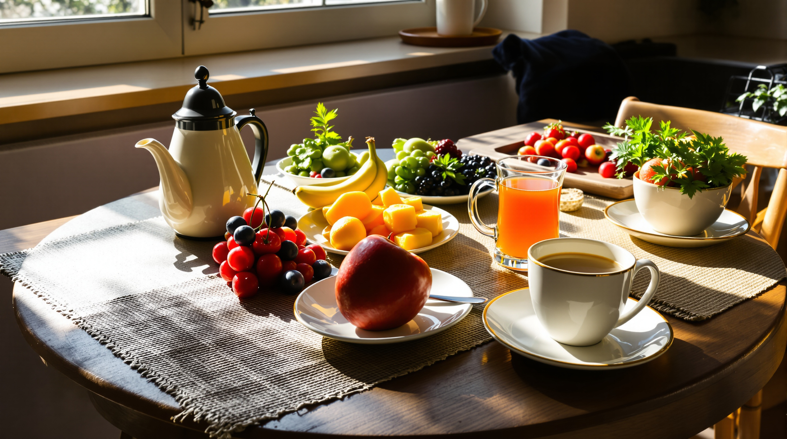 Ruhiger Frühstückstisch mit frischen Früchten und warmem Tee im Morgenlicht