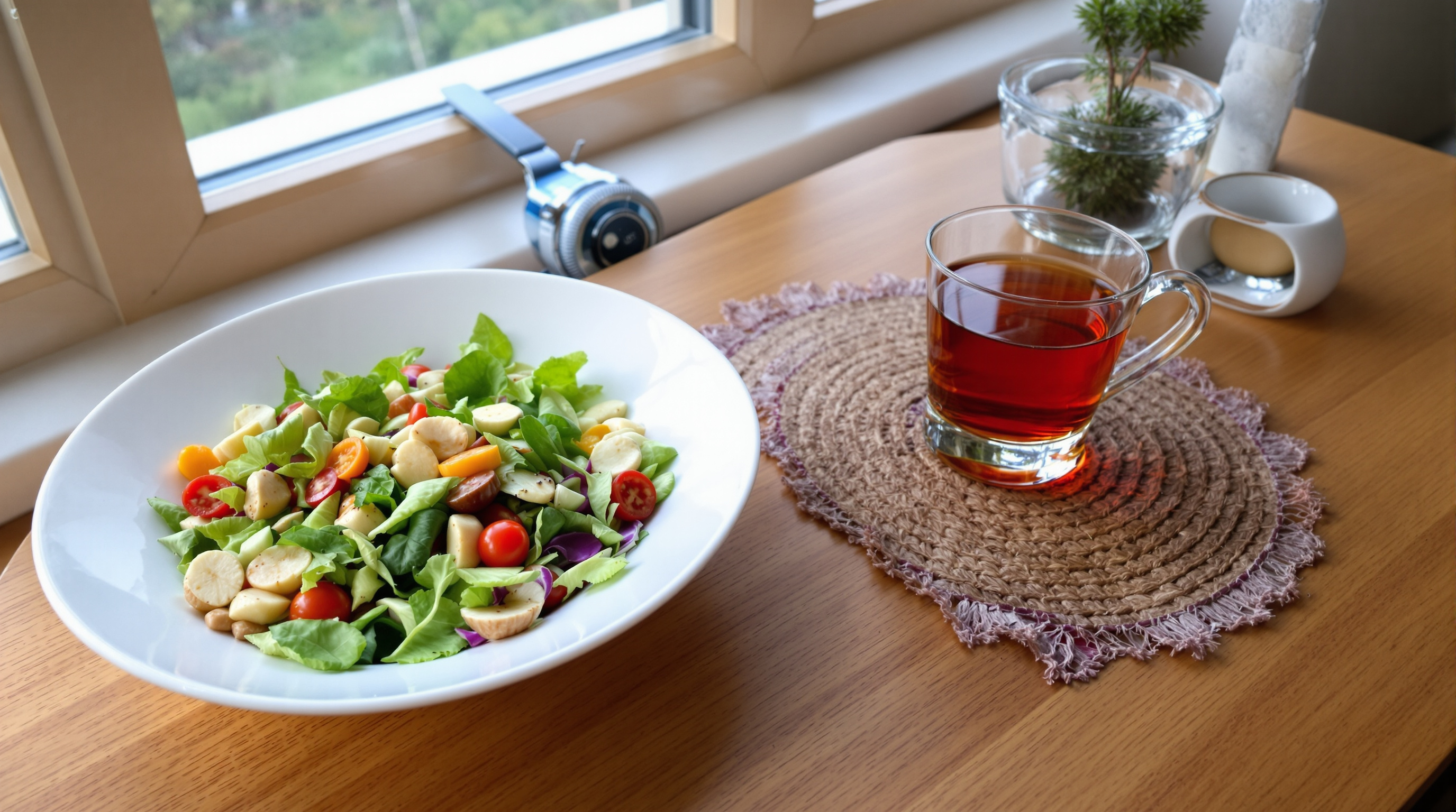 Gemütliche Mittagspause mit buntem Salat und Kräutertee auf einem Holzschreibtisch