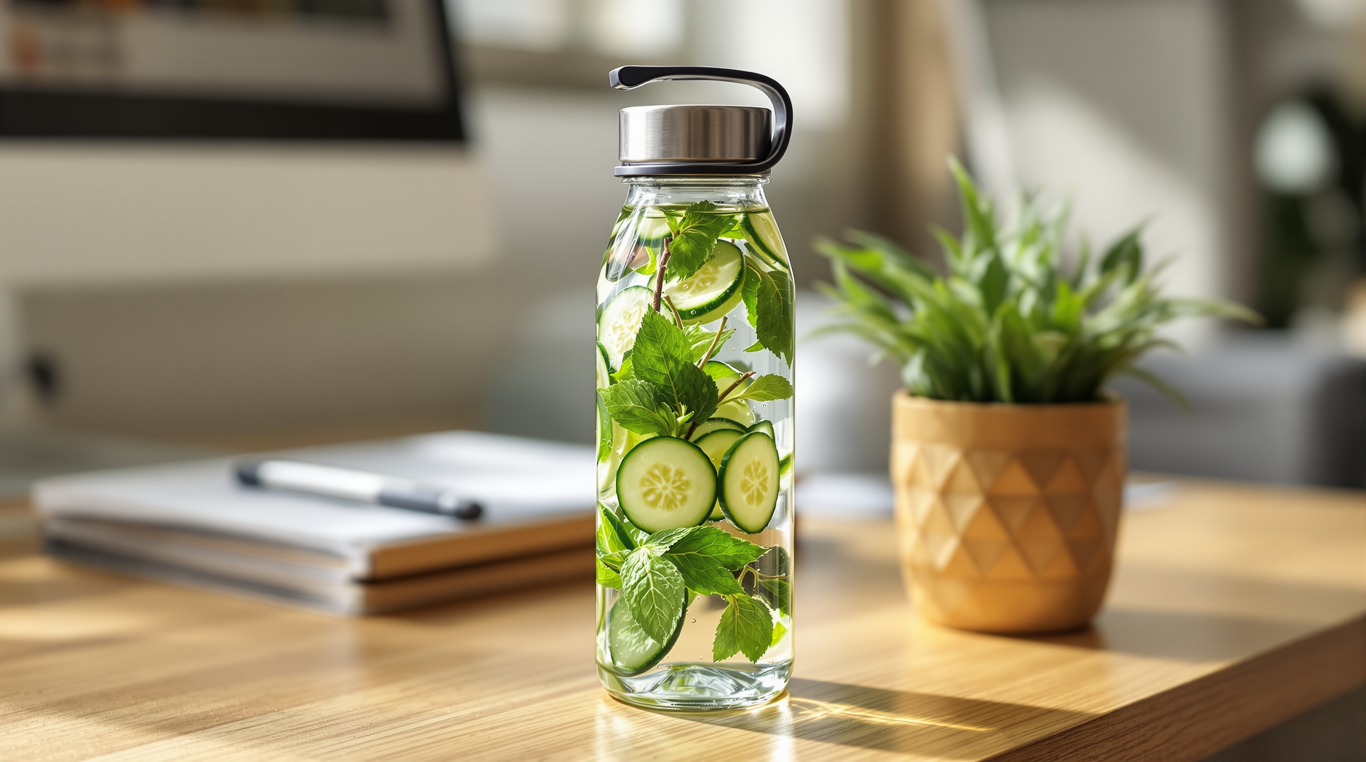 Wiederverwendbare Wasserflasche mit Gurke und Minze auf einem Schreibtisch im Tageslicht
