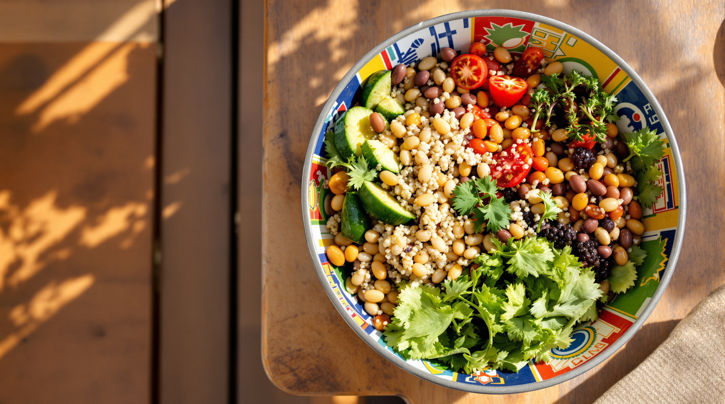 Bunte Schale mit Hülsenfrüchten, Quinoa und frischem Gemüse auf Holztisch