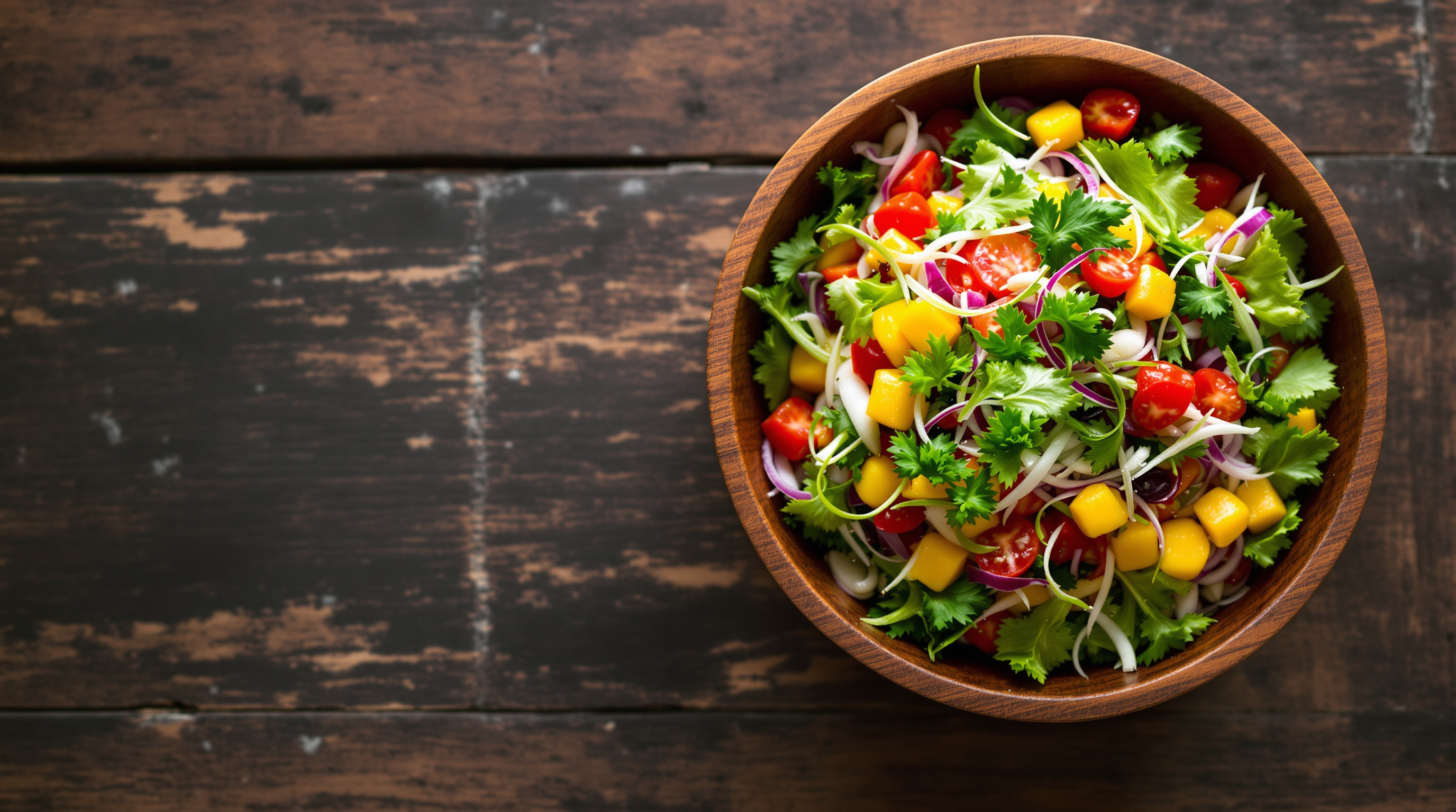 Bunte frische Salatschüssel aus Holz auf rustikalem Tisch von oben fotografiert