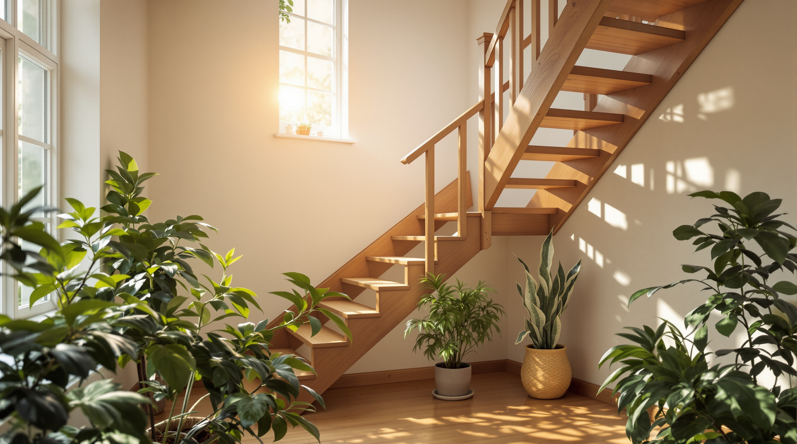 Einladende Treppe in einem hellen Zuhause mit warmem Tageslicht