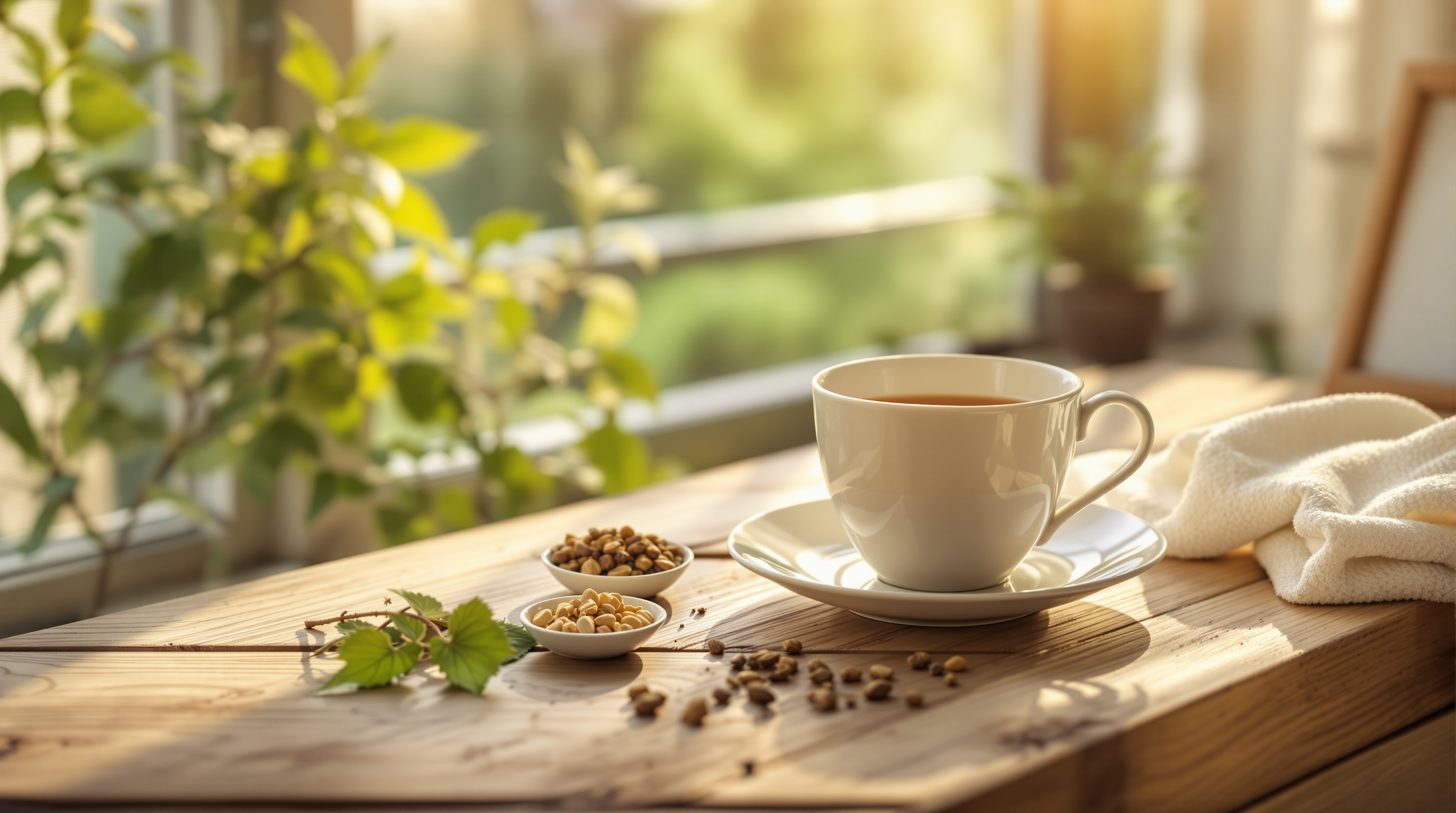 Eine Tasse Kräutertee auf einem Holztisch im sanften Morgenlicht, entspannte Atmosphäre
