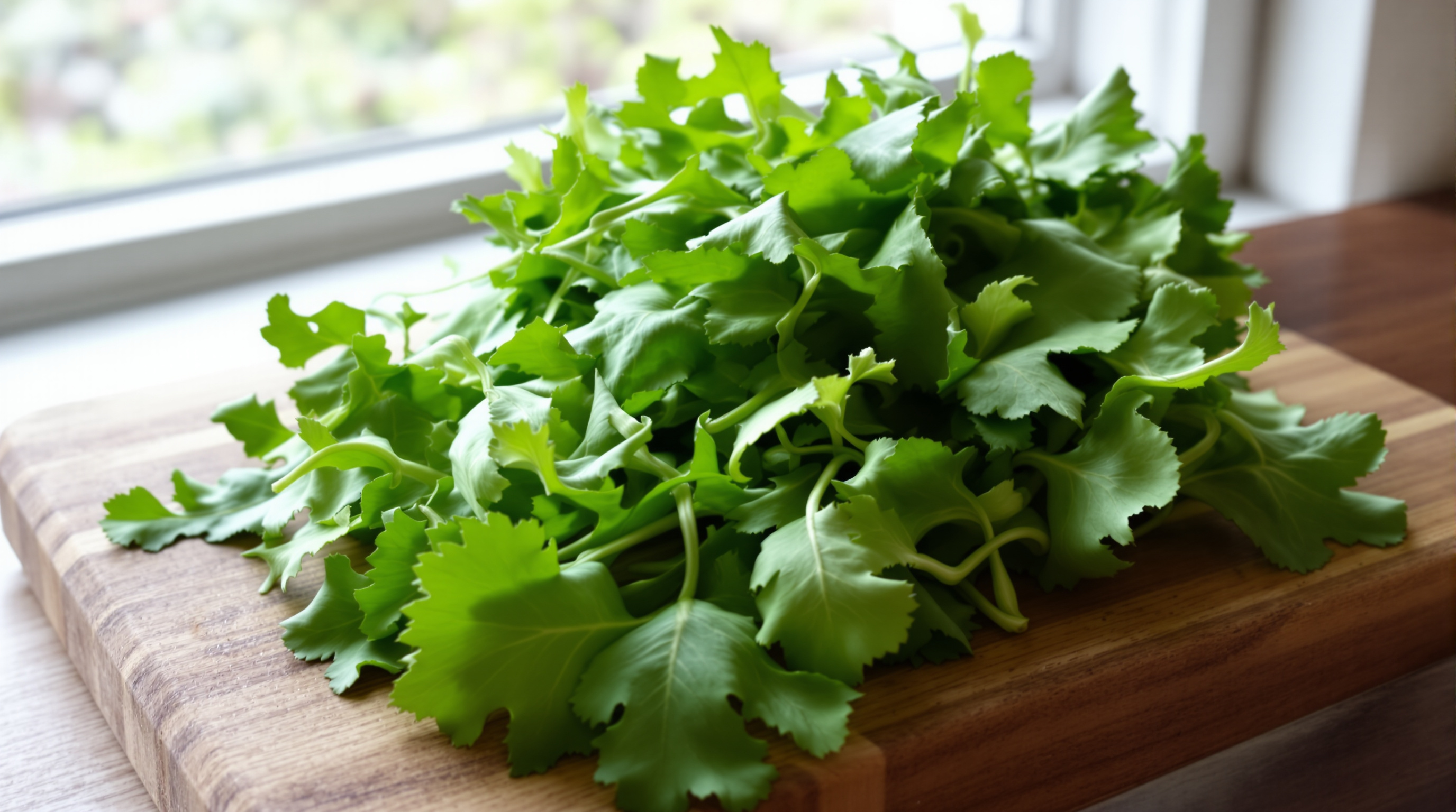 Frischer Chicorée und Rucola auf einem rustikalen Holzbrett in natürlichem Tageslicht