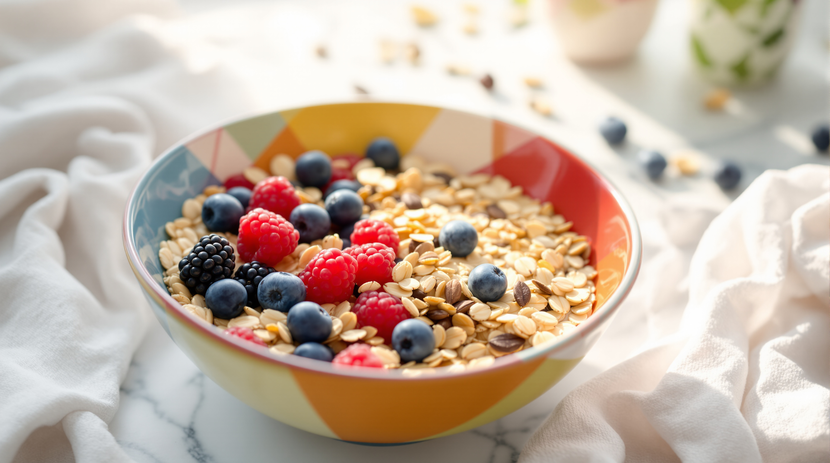 Bunte Frühstücksschale mit Haferflocken, Beeren und Samen im sanften Morgenlicht