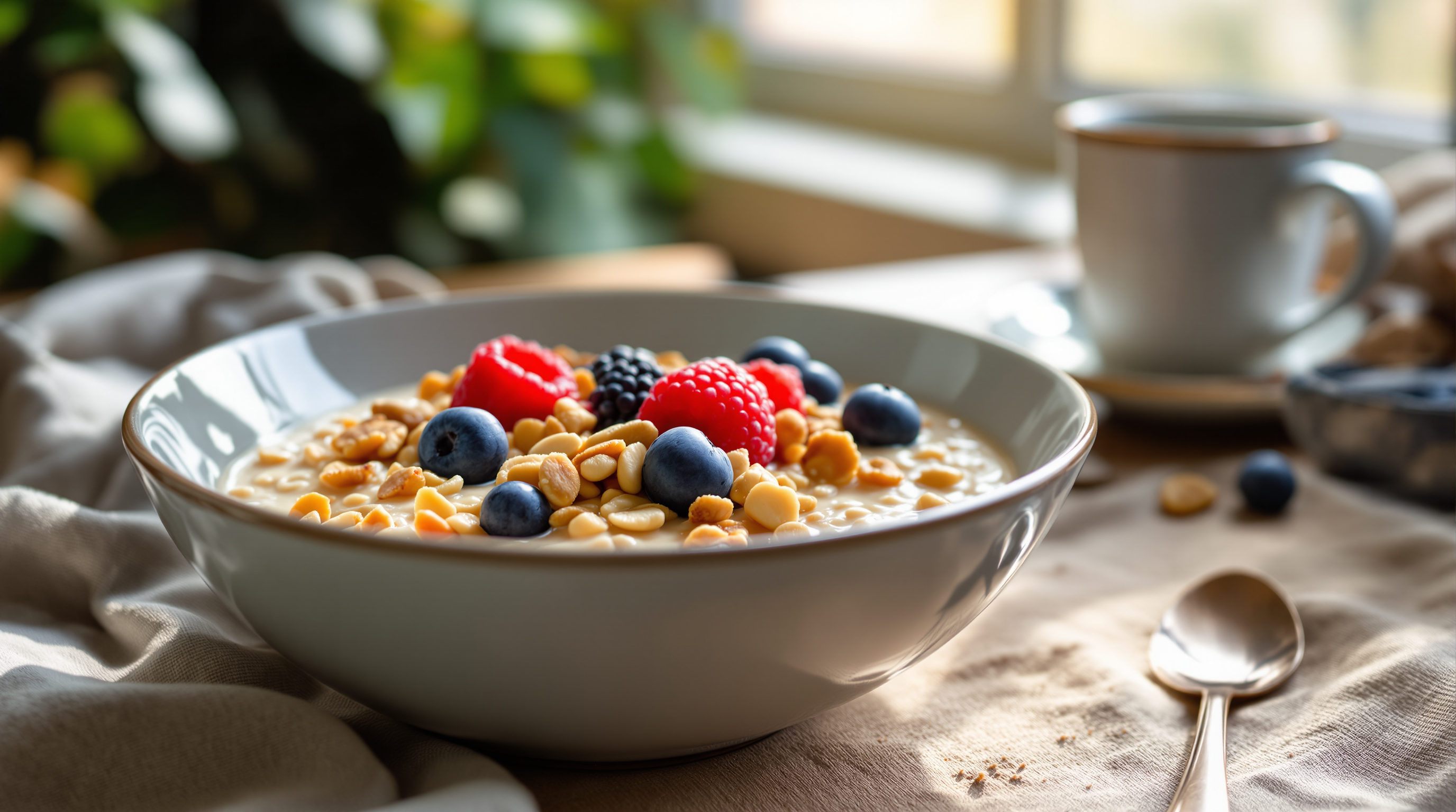 Schüssel mit Haferflocken, frischen Beeren und Nüssen auf einem Frühstückstisch