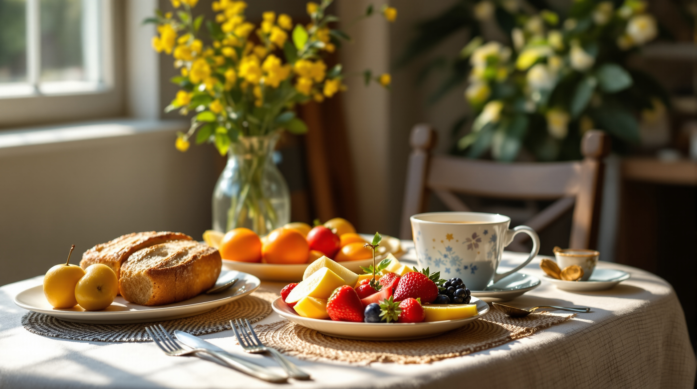 Liebevoll gedeckter Frühstückstisch mit frischem Obst und Vollkornbrot im sanften Morgenlicht