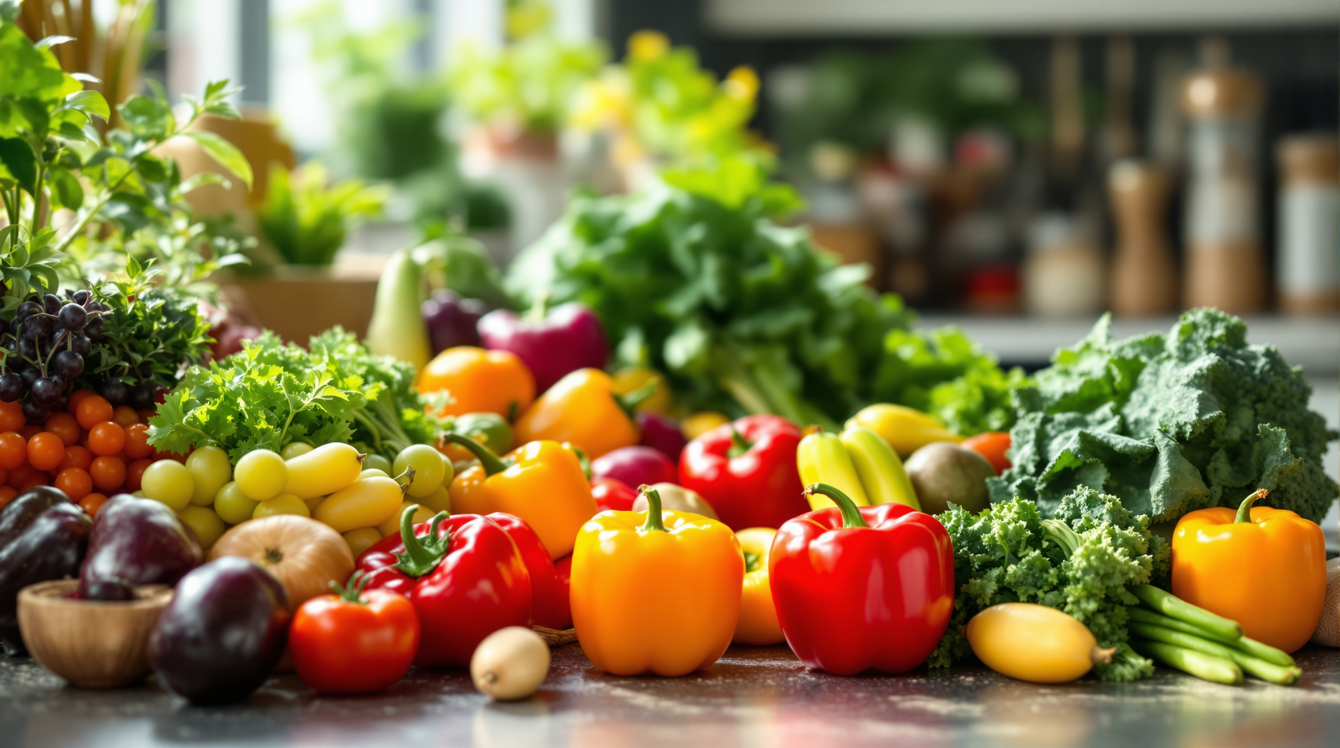 Frisches buntes Gemüse und Obst auf einer Küchentheke arrangiert, natürliches Tageslicht
