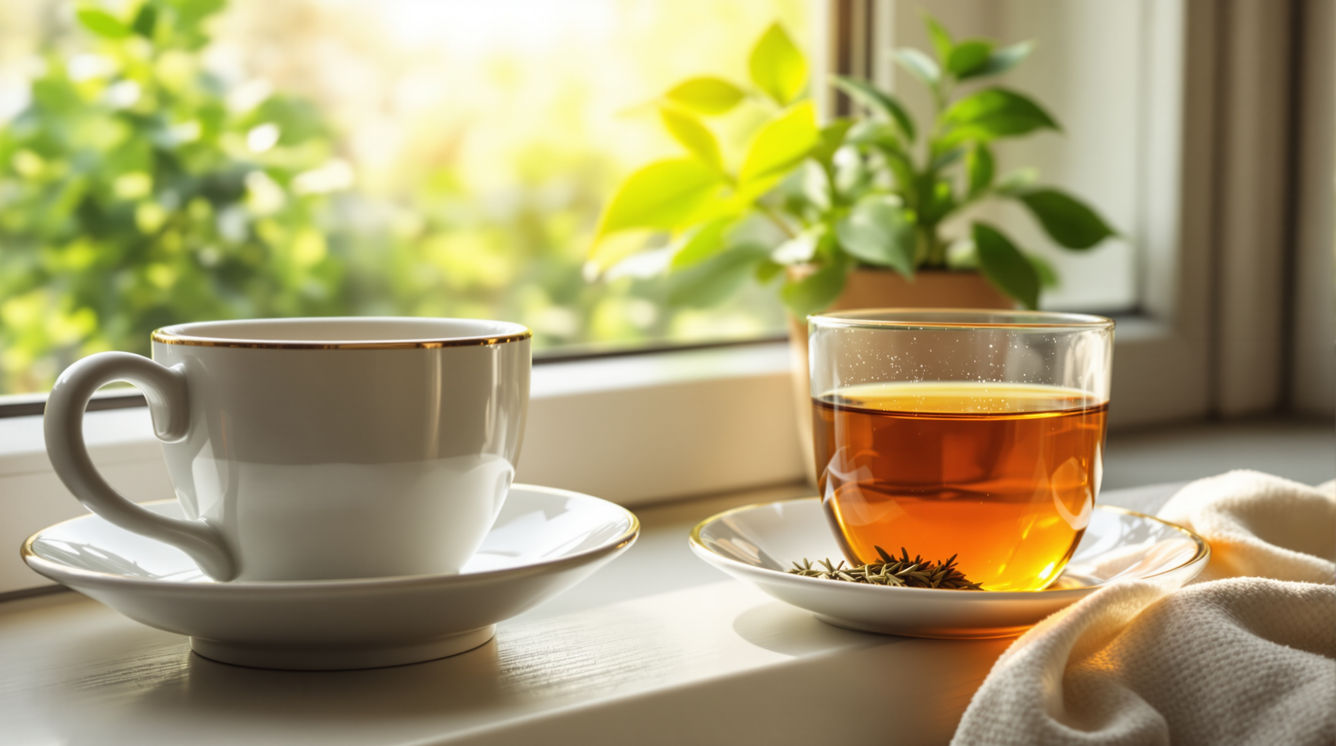 Beruhigende Morgenszene mit Kräutertee auf der Fensterbank im sanften Morgenlicht