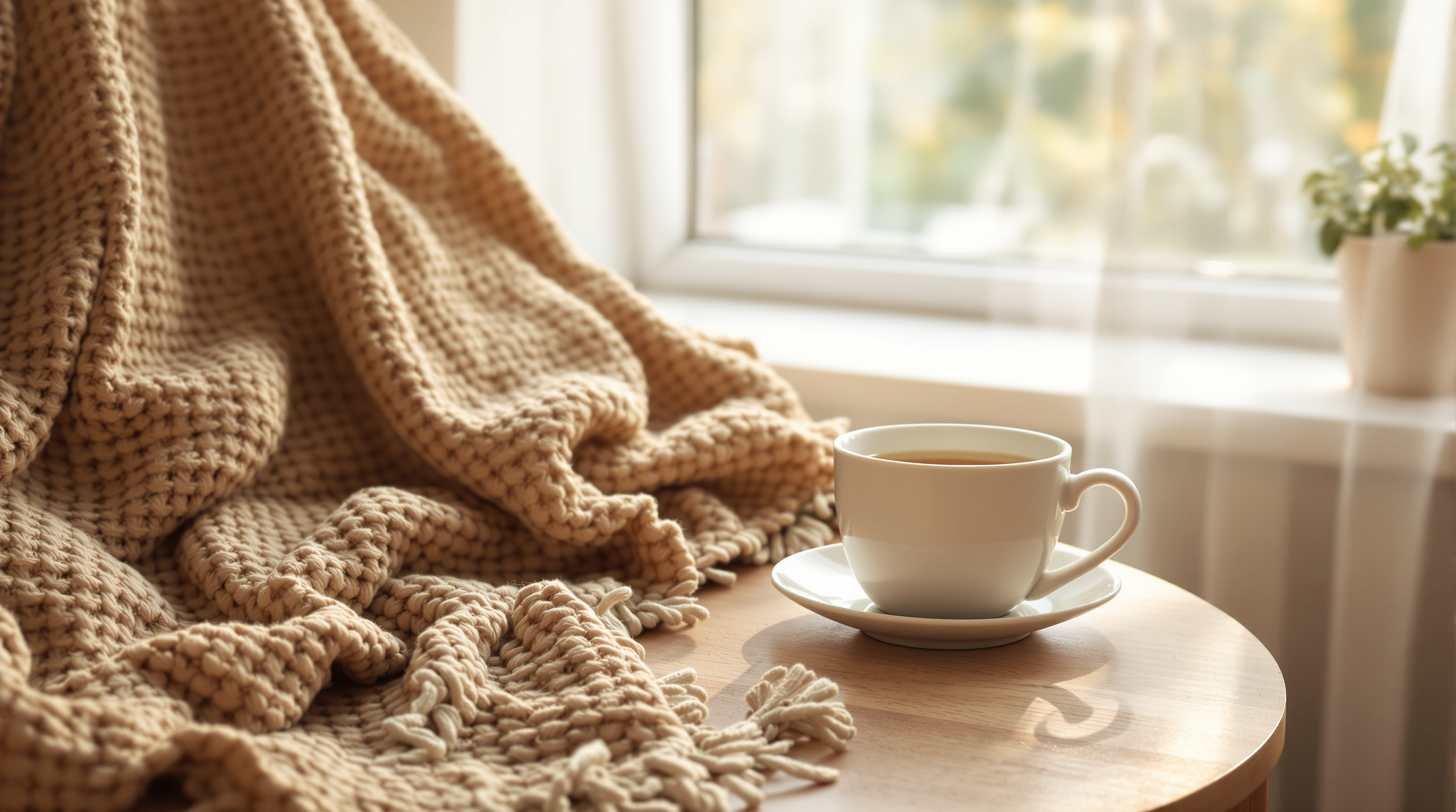 Gemütliche Ecke mit Kräutertee auf Holztisch, einladende Atmosphäre zum Entspannen