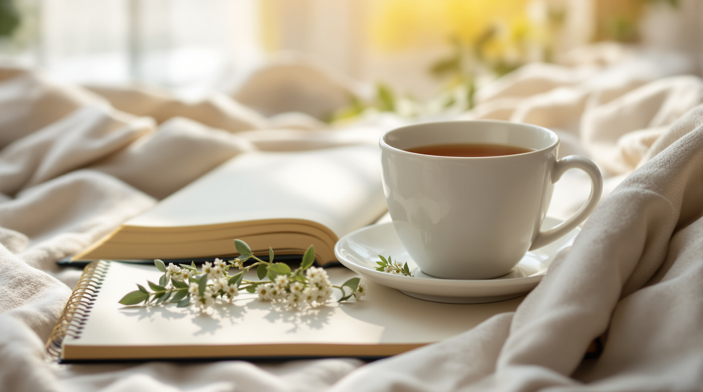 Ruhige Nachmittagsszene mit Kräutertee, offenem Tagebuch und sanftem natürlichem Fensterlicht