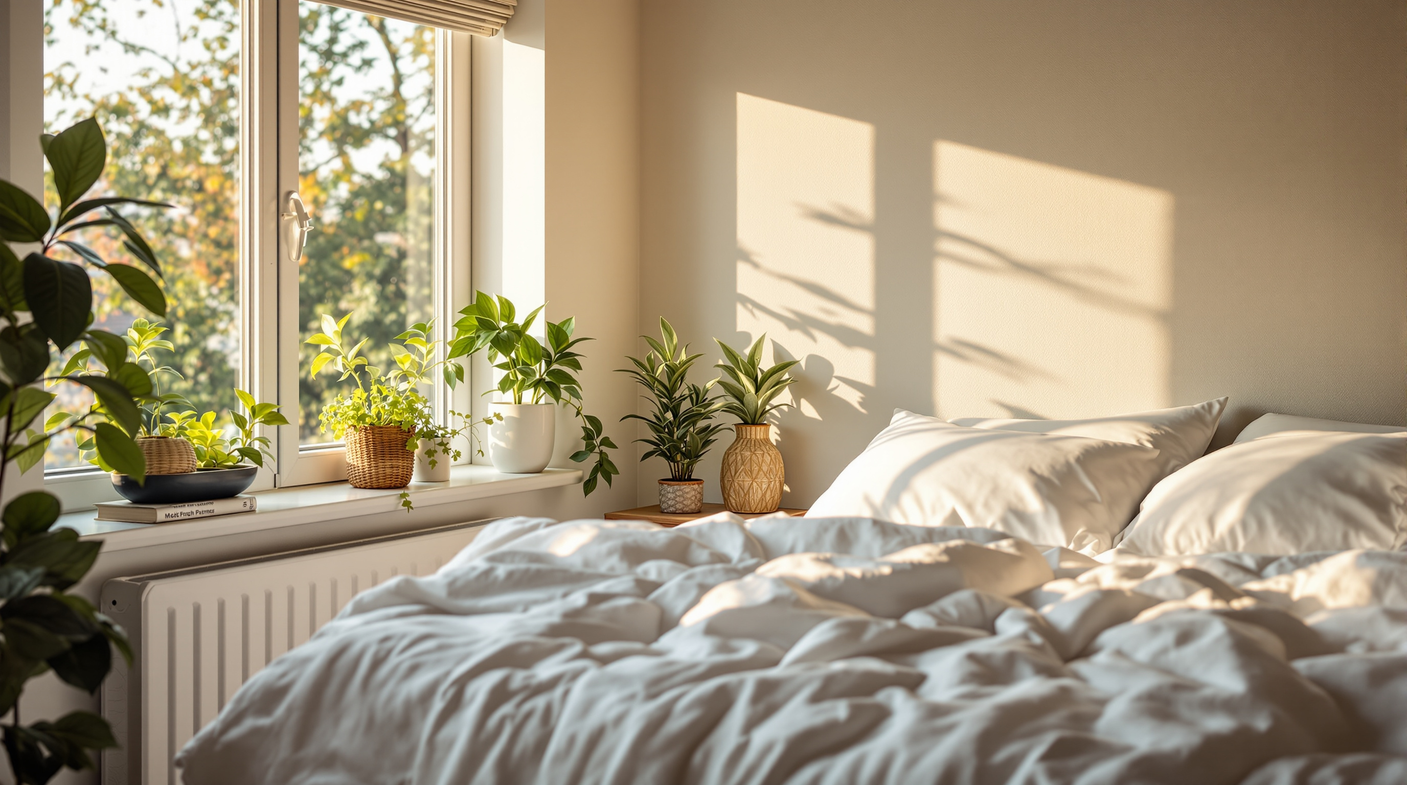 Gemütliches Schlafzimmer im sanften Morgenlicht mit weißer Bettwäsche und grünen Pflanzen
