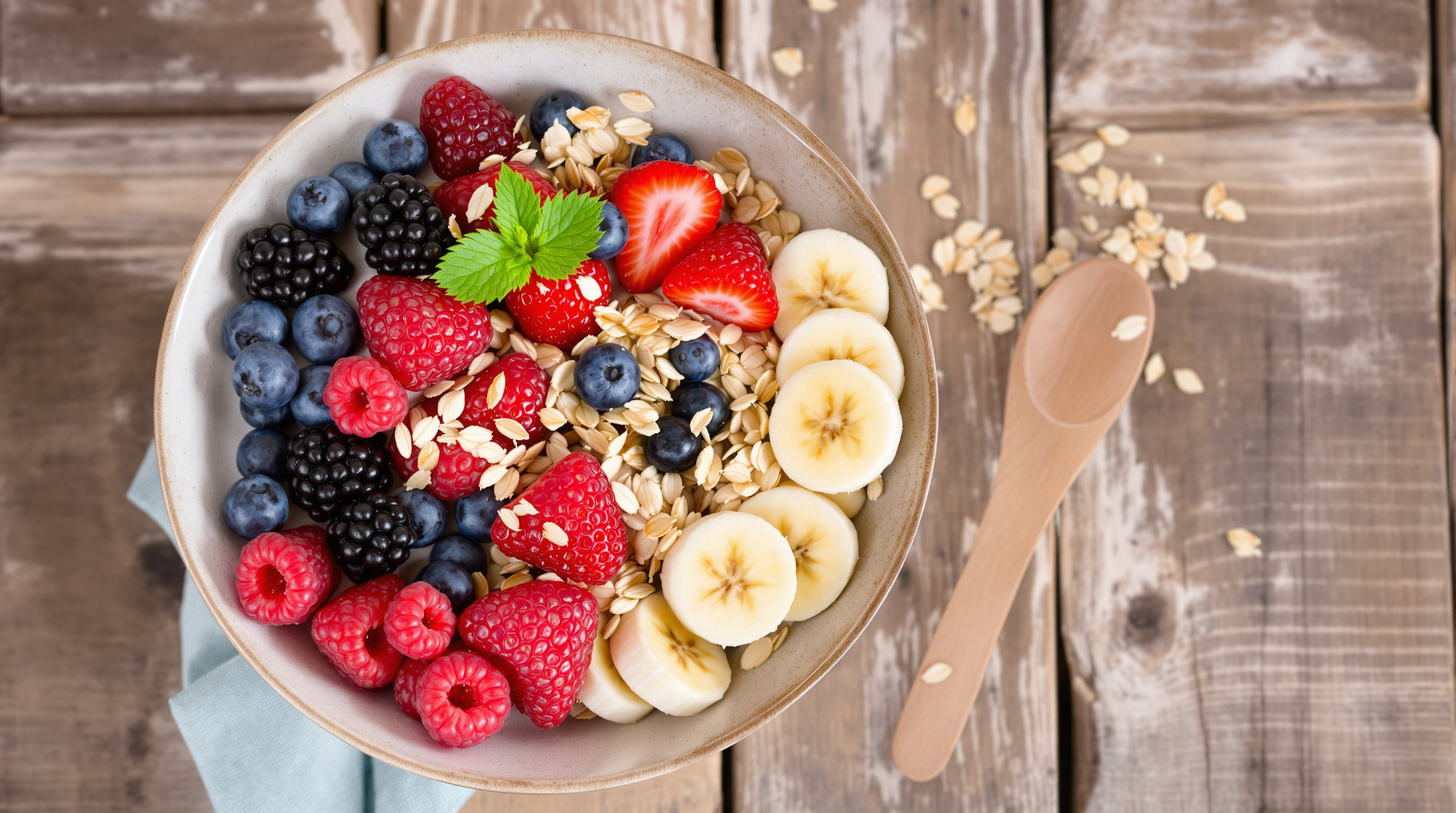 Gesunde Frühstücksschale mit Haferflocken, frischen Beeren und Bananenscheiben auf rustikalem Holzuntergrund