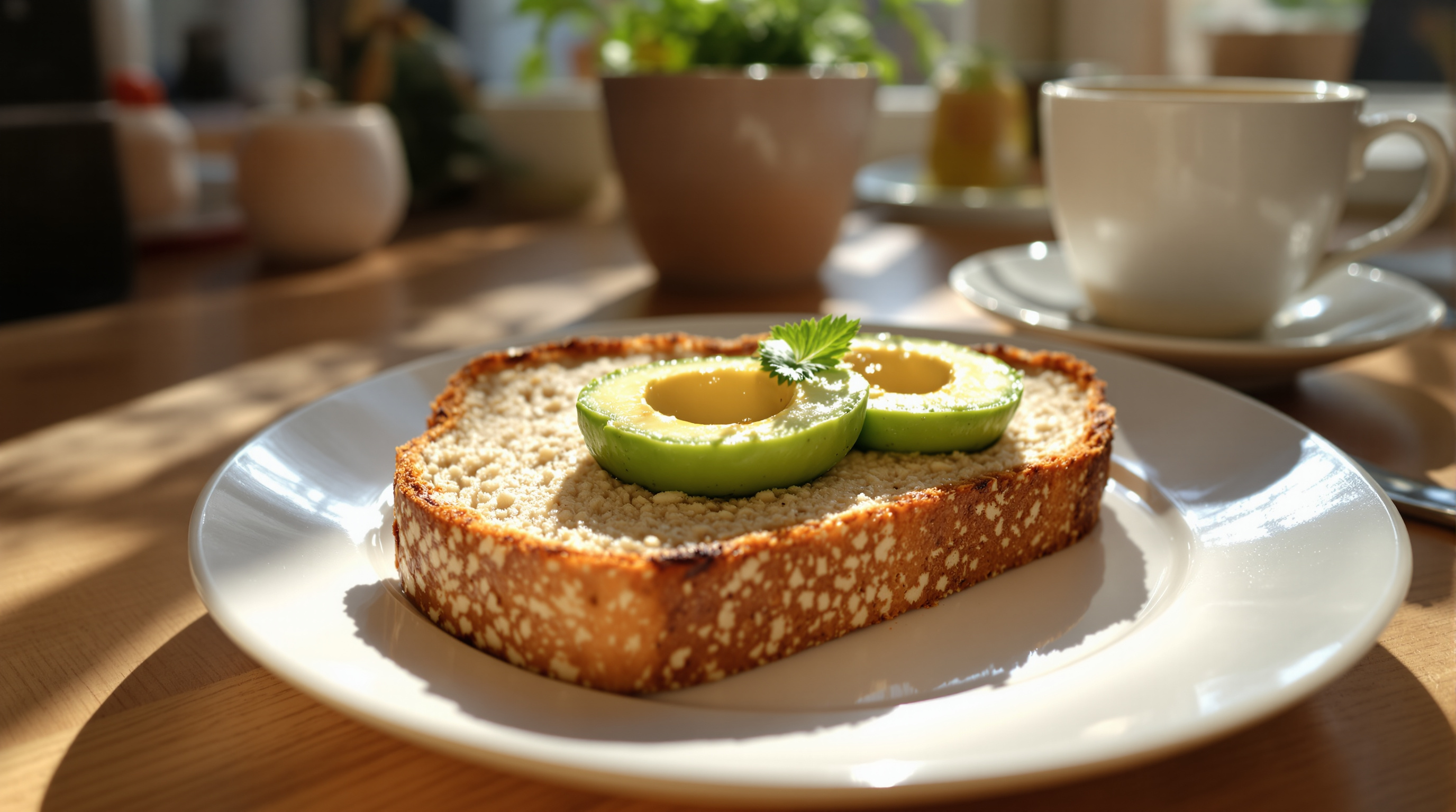 Gemütliches Frühstück mit Vollkornbrot und Avocado auf einem Keramikteller im Morgenlicht