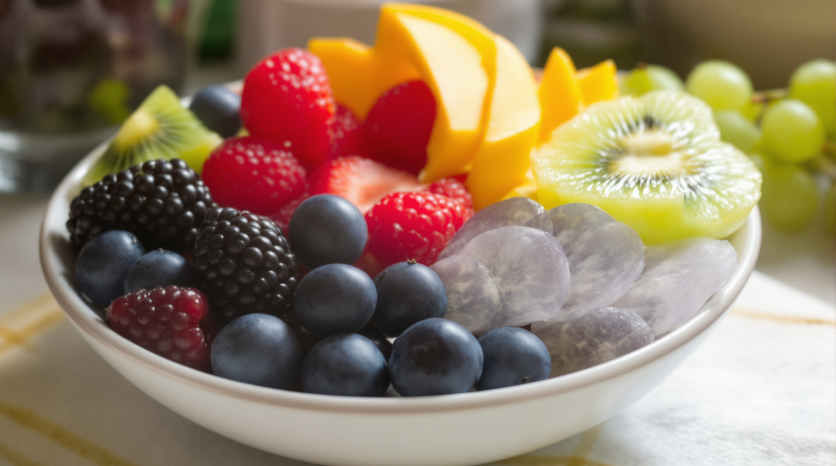 Frische Obstschale mit Beeren, Mango, Kiwi und Trauben in Keramikschale bei Morgenlicht