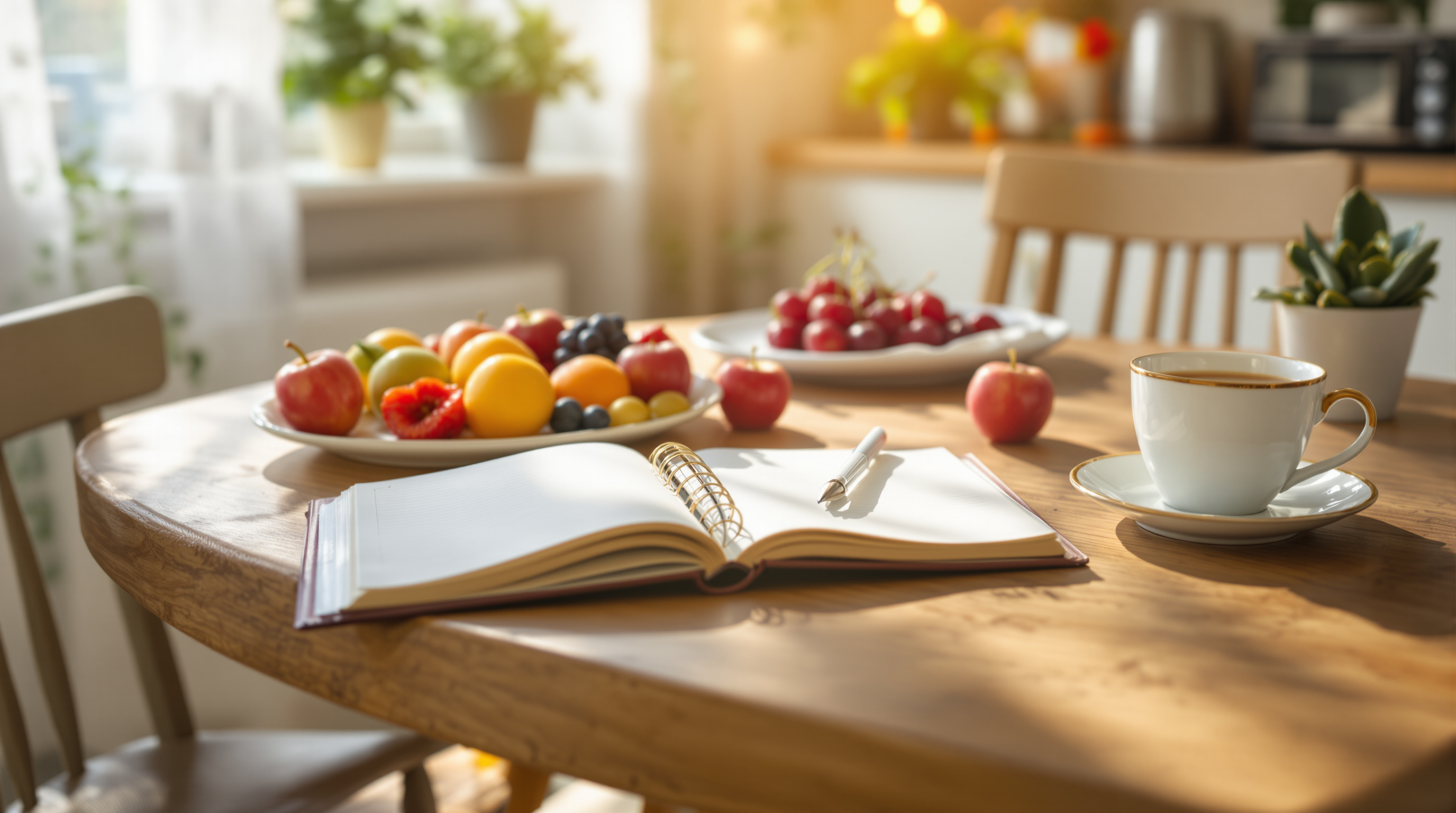 Gemütlicher Küchentisch mit offenem Notizbuch, frischem Obst und einer Tasse Tee im Morgenlicht