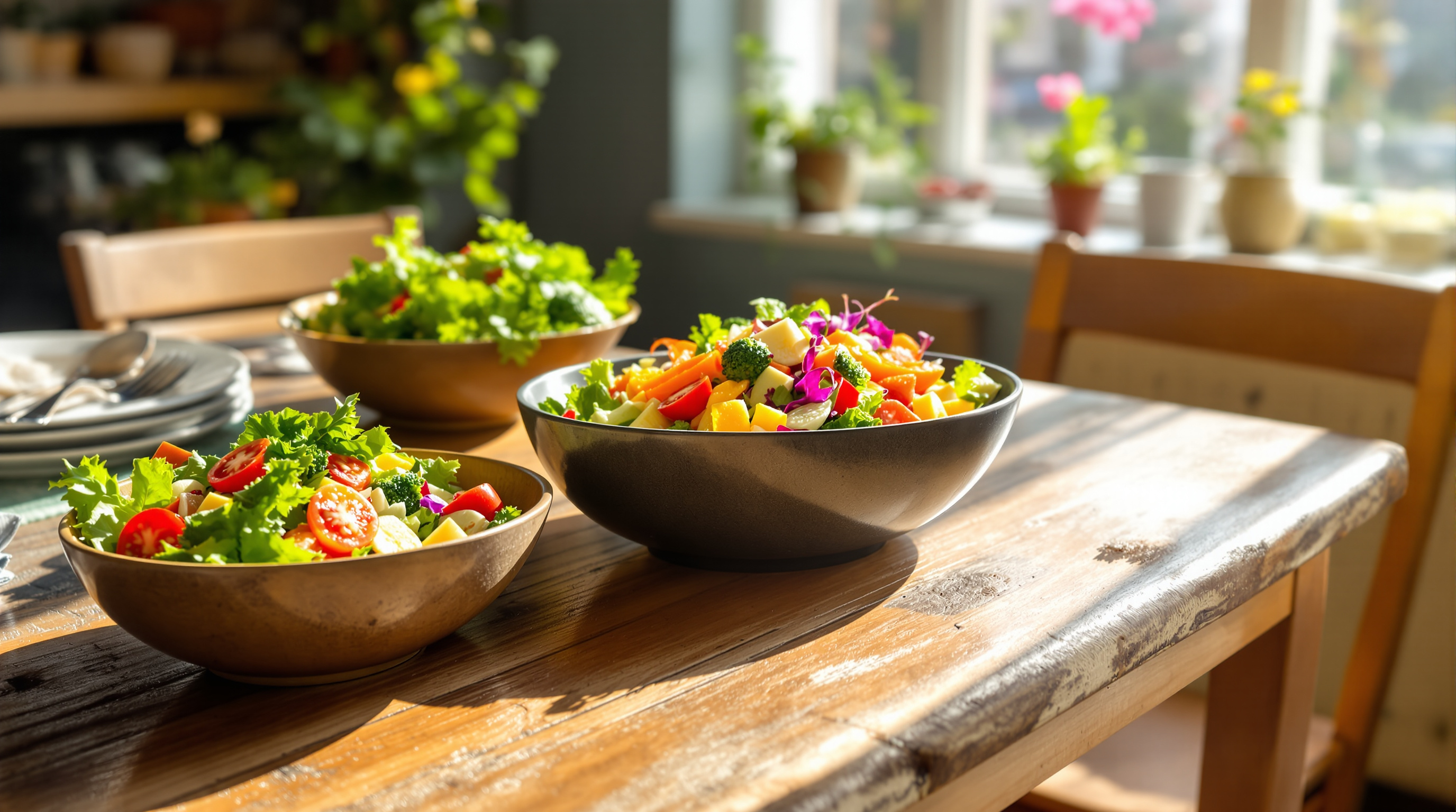 Gemütlich gedeckter Esstisch mit frischen Salatschüsseln im warmen Tageslicht