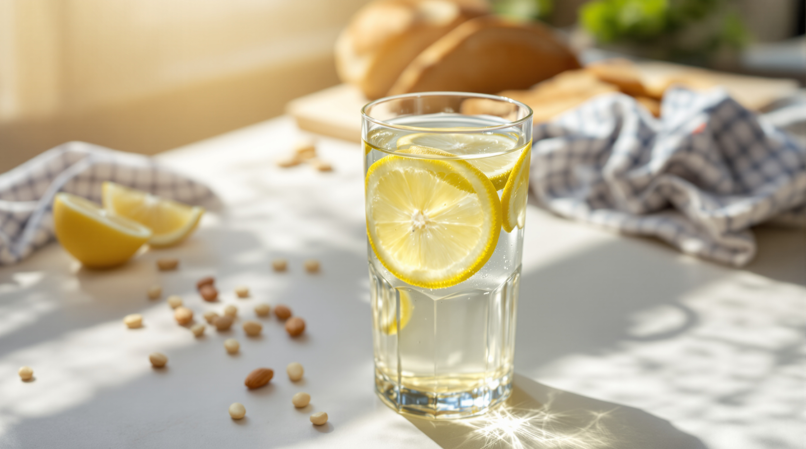 Wasserglas mit Zitronenscheiben auf einem sonnigen Frühstückstisch mit Vollkornbrot