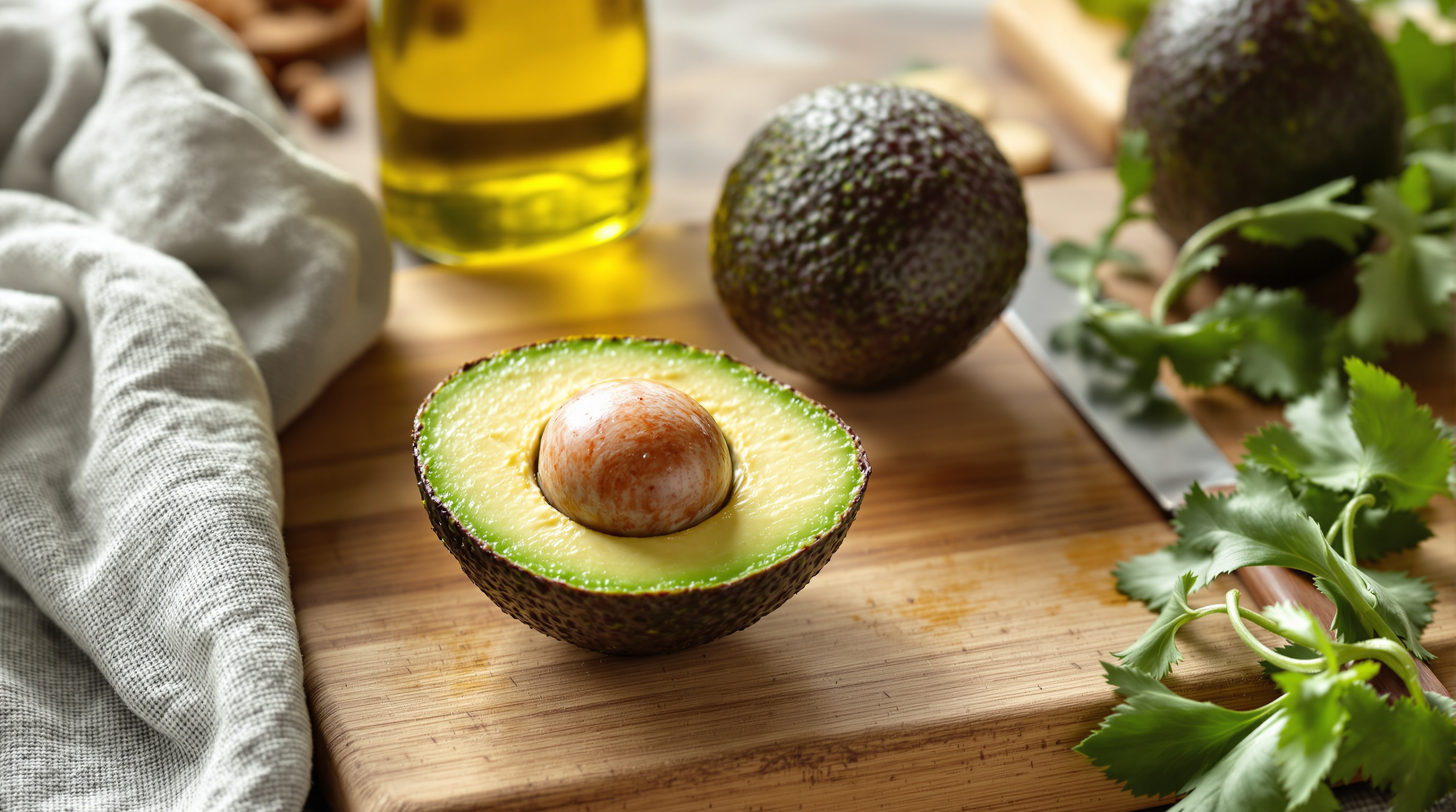 Frische Avocadohälften auf einem Holzbrett mit einer Flasche Olivenöl im natürlichen Licht