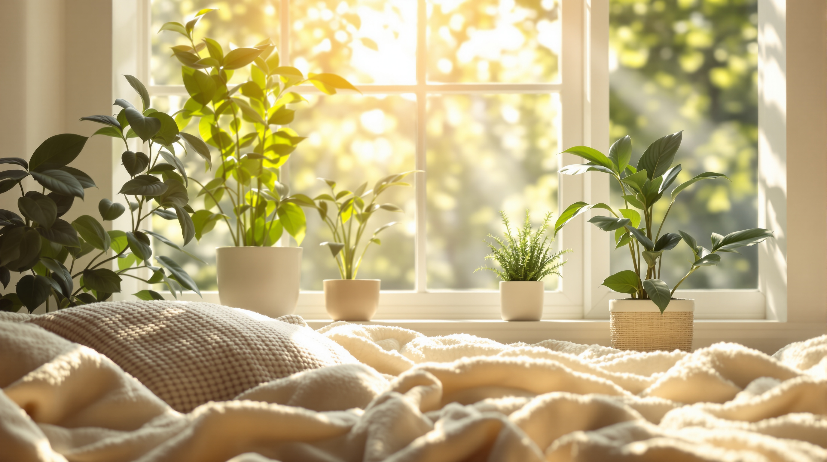 Gemütlicher Raum mit Morgenlicht, Pflanzen und entspannter Atmosphäre