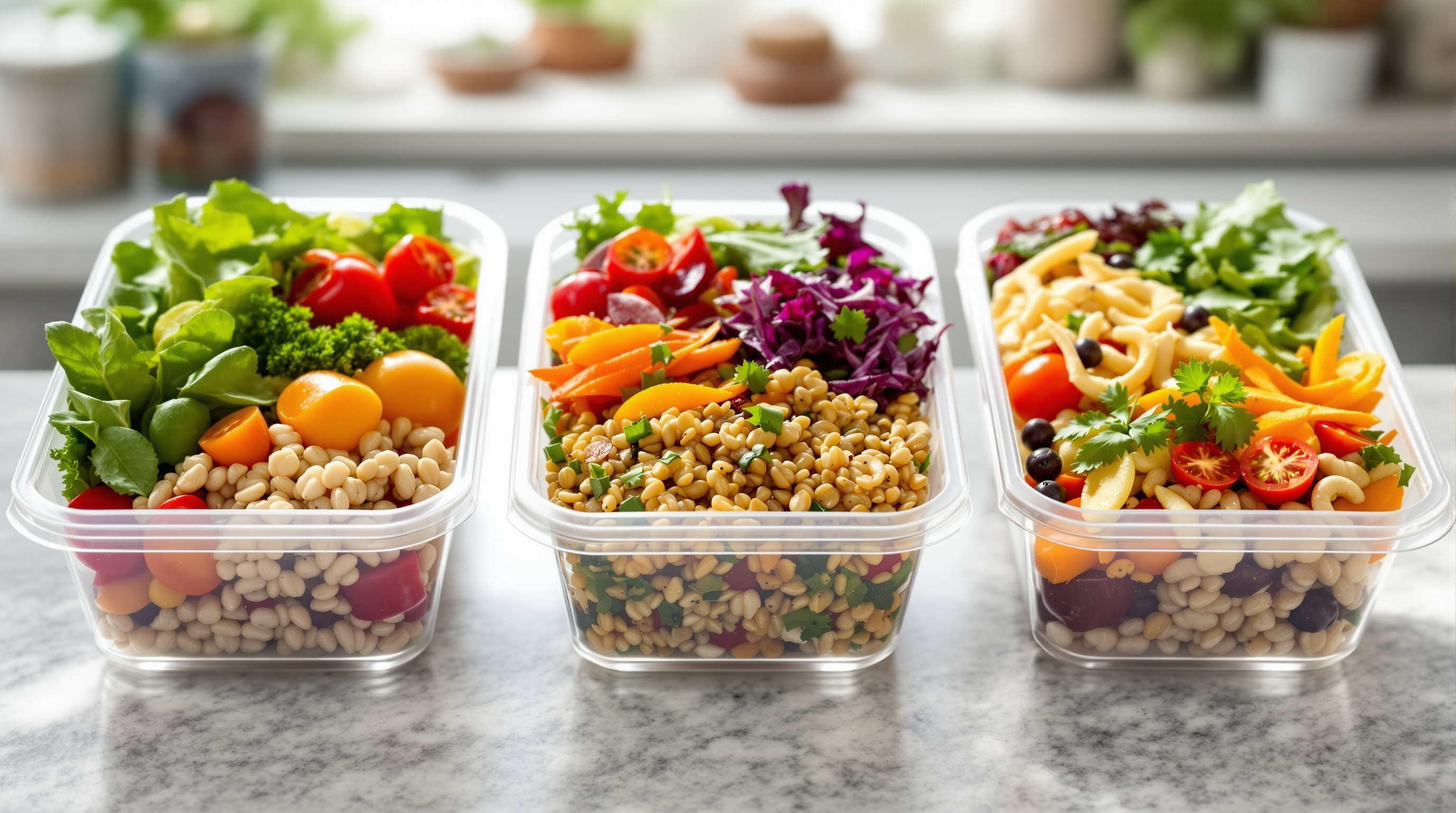 Frische Meal-Prep-Behälter mit buntem Gemüse, Getreide und Salat auf der Küchentheke