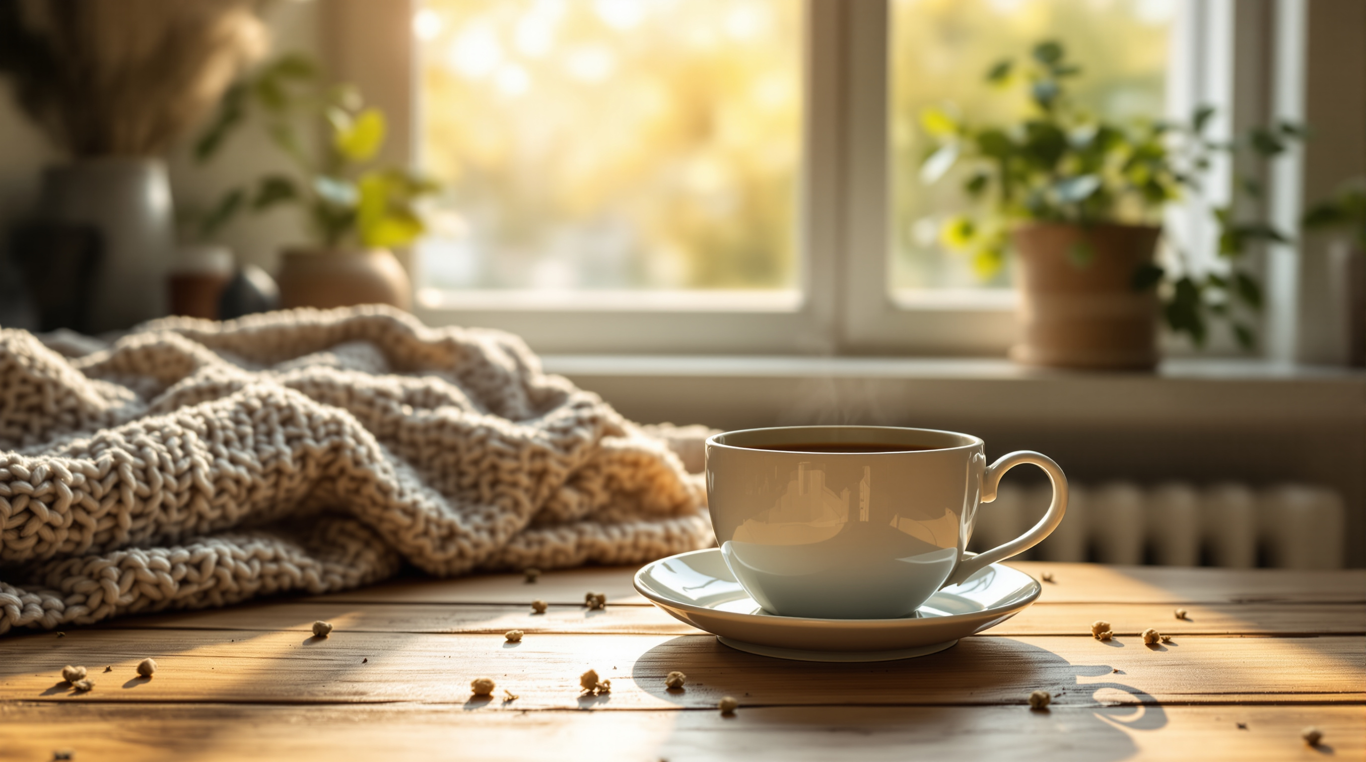 Gemütliche Morgenszene mit Kräutertee und warmem Licht, entspannte Atmosphäre