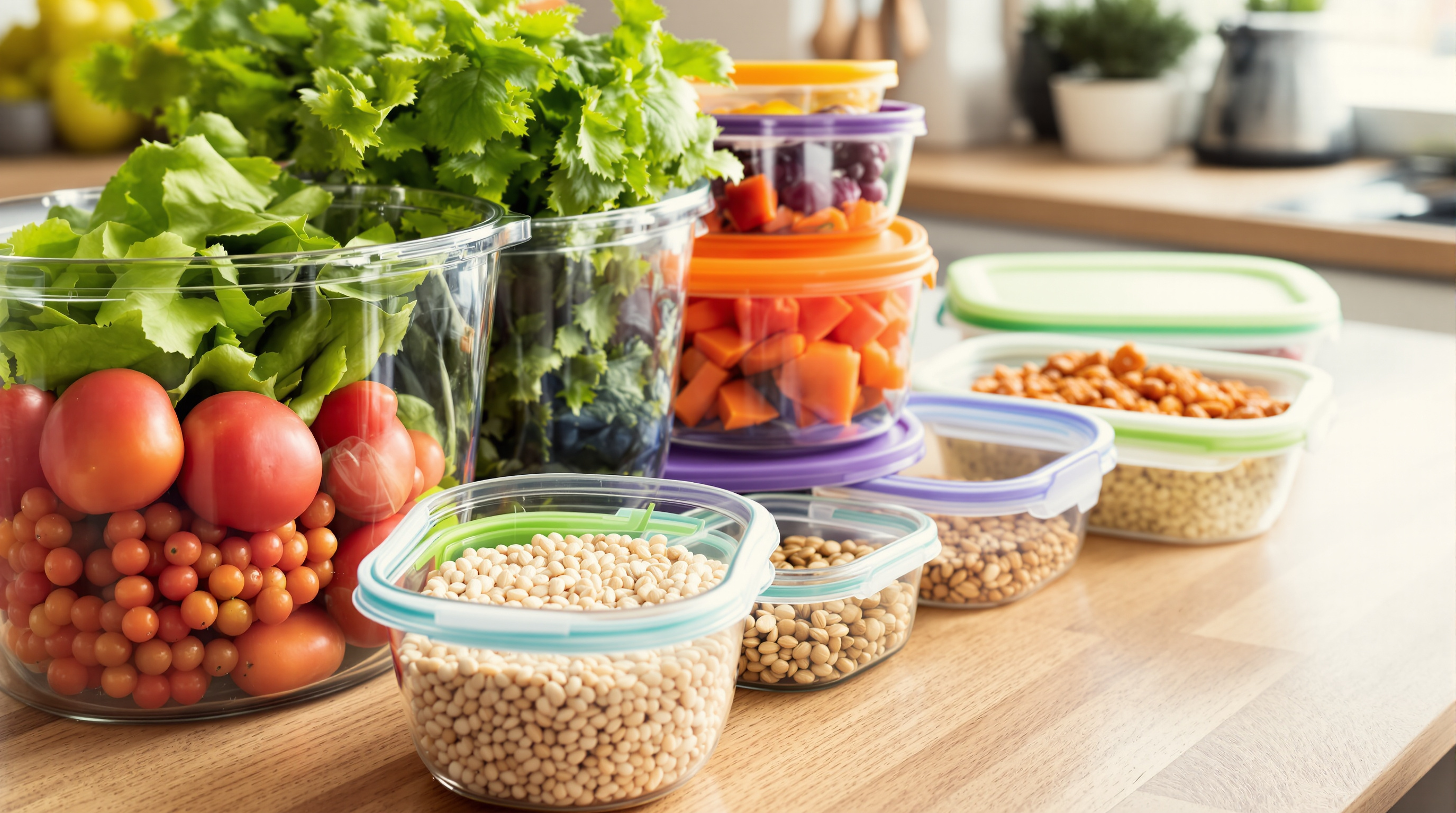 Bunte Meal-Prep-Boxen mit frischem Gemüse und Getreide auf einer Küchenarbeitsplatte aus Holz