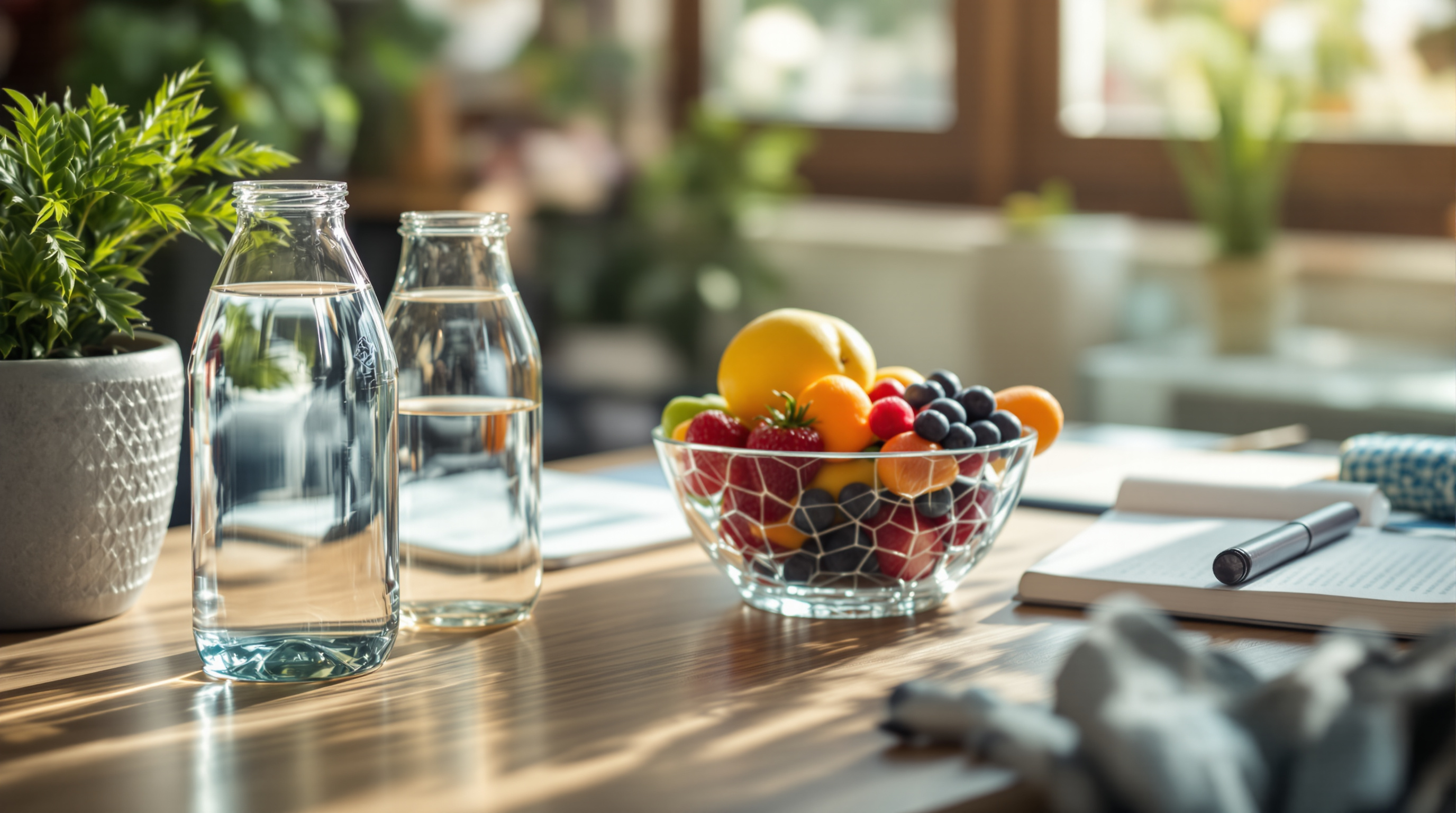 Glasflasche mit Wasser und frische Früchte in einer Schale auf einem Holzschreibtisch