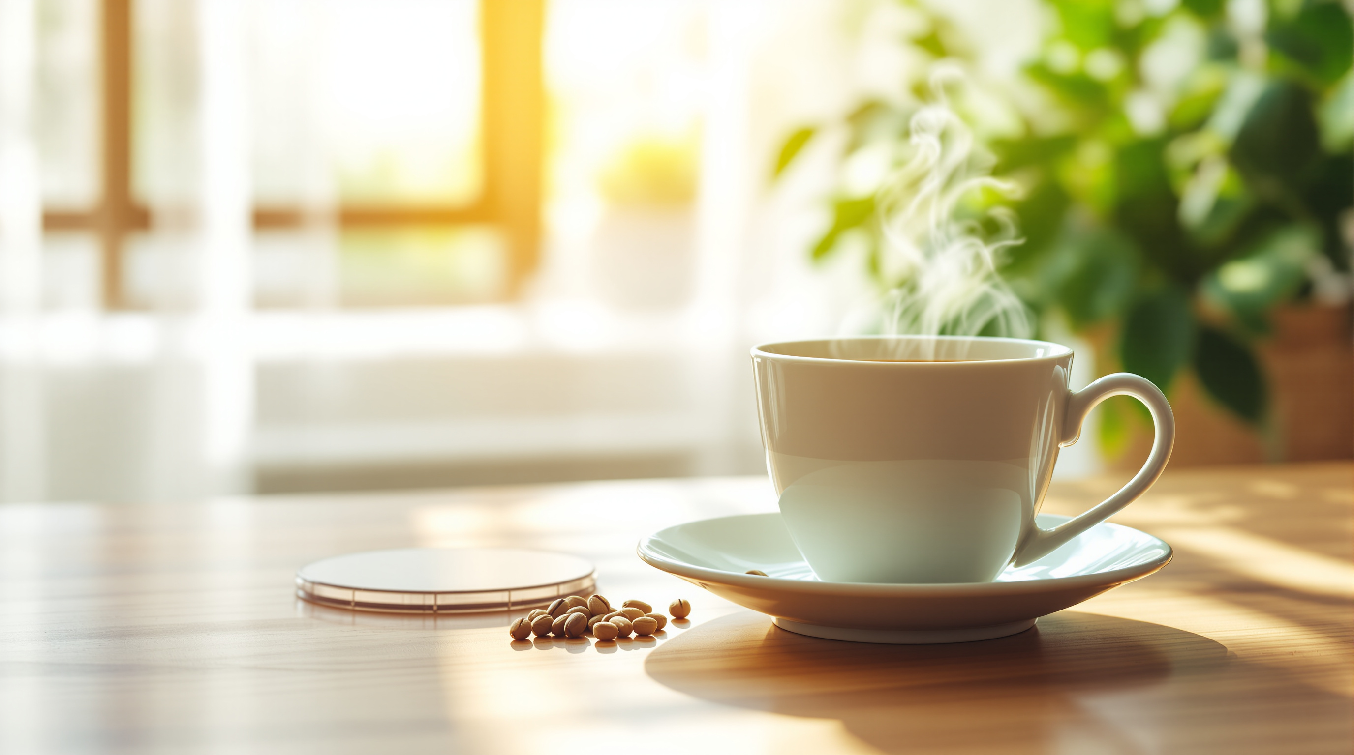 Gemütlicher Arbeitsplatz mit Tasse Kräutertee und Pflanze im warmen Tageslicht