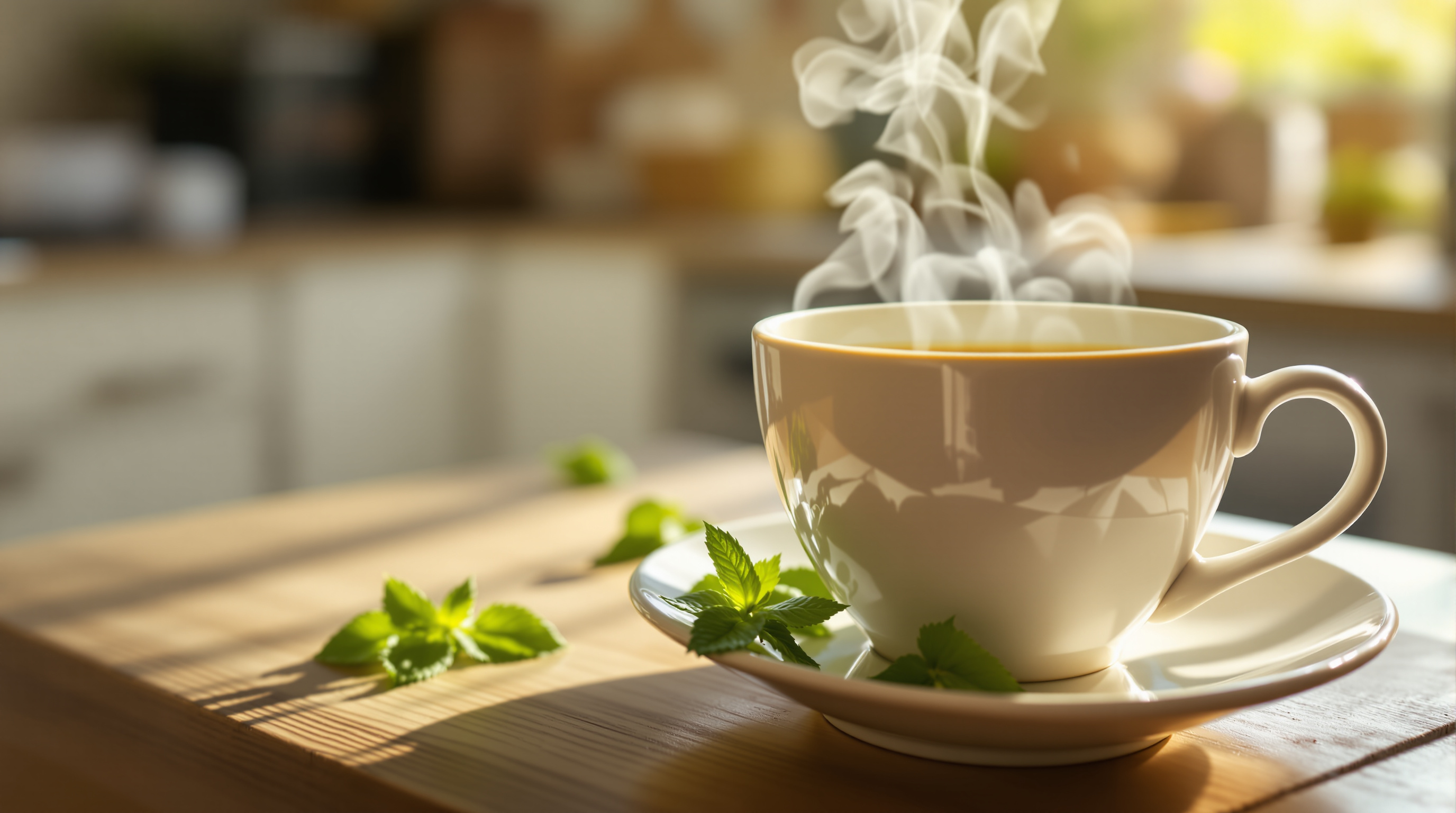 Dampfende Tasse grüner Tee auf einem Holztisch mit frischen Minzblättern im Morgenlicht