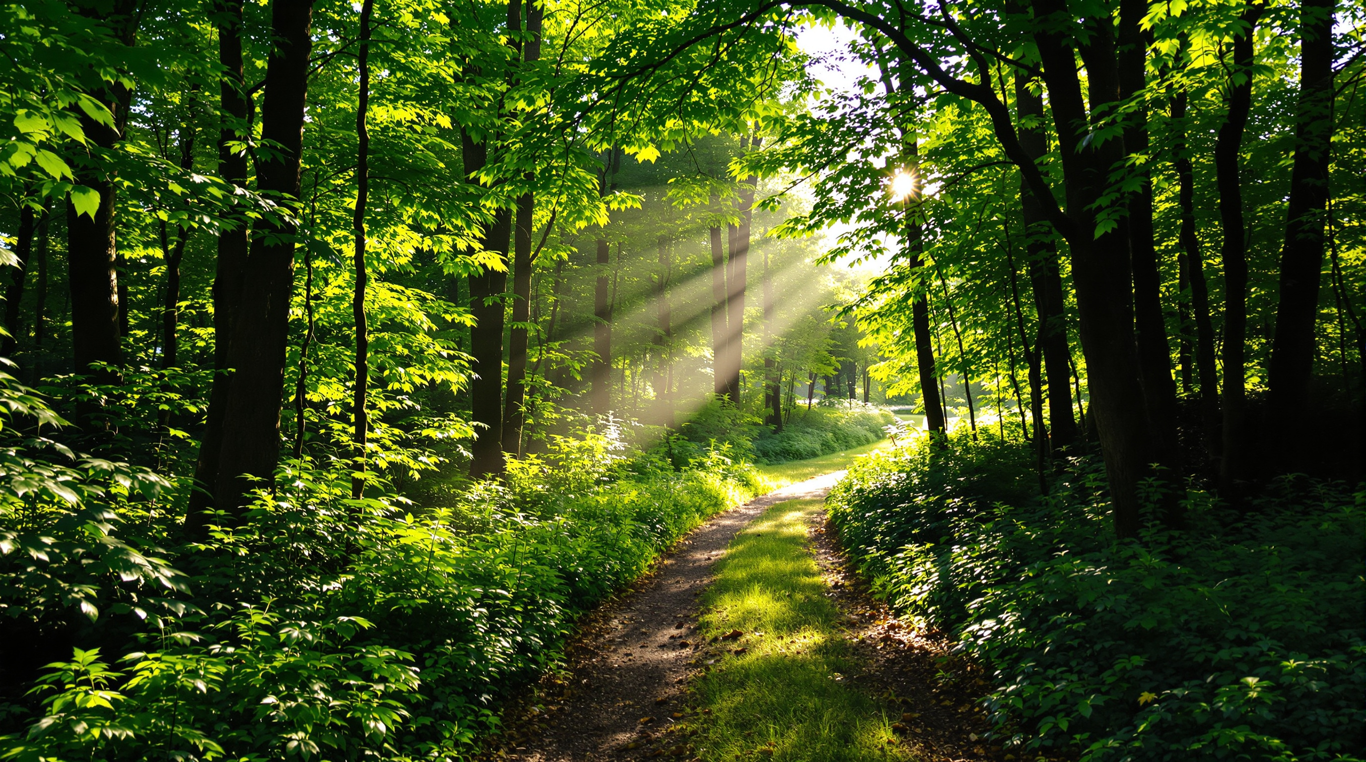 Waldweg mit grünen Bäumen und sanftem Sonnenlicht, friedliche Naturszene