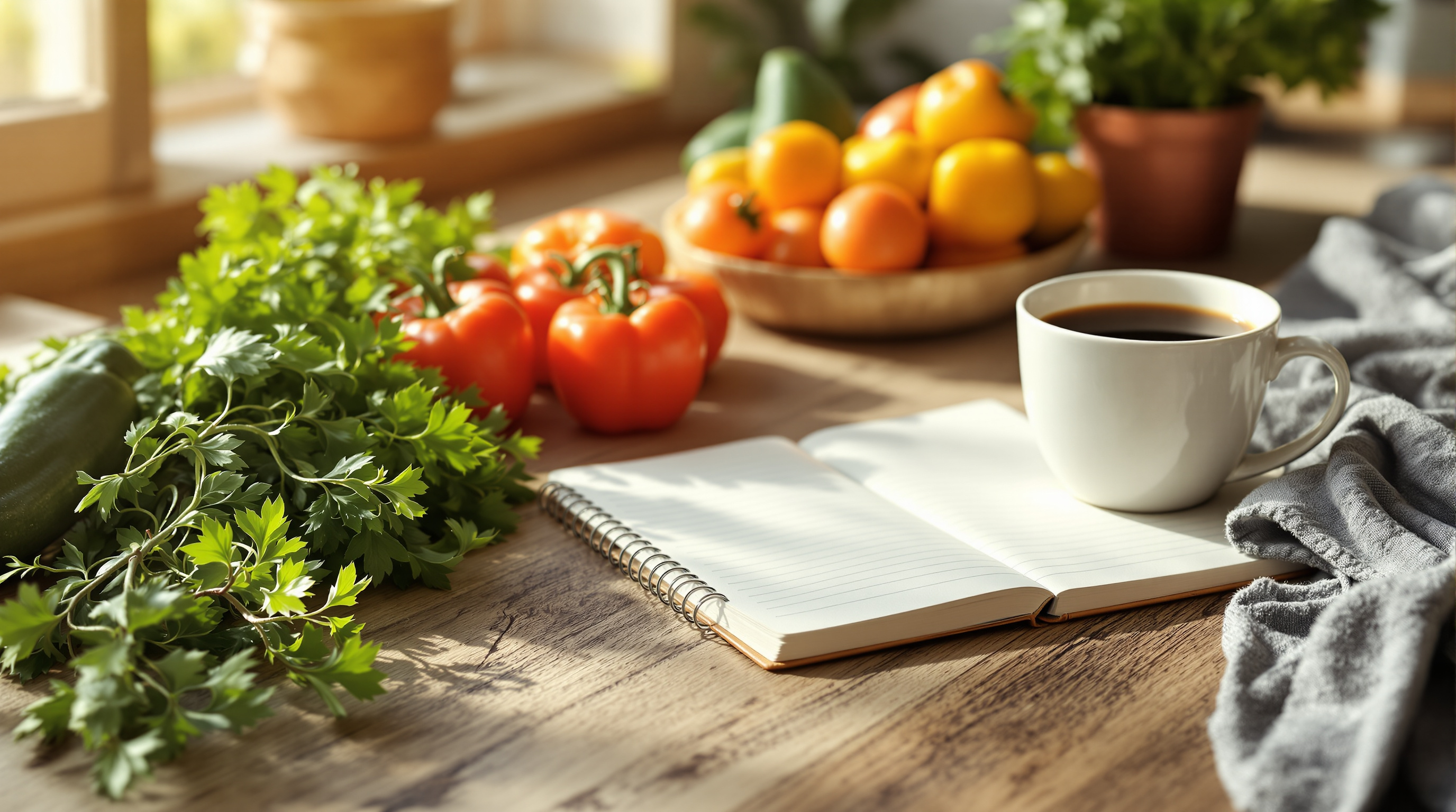 Gemütliche Sonntagsküche mit Notizbuch, frischem Gemüse und Kaffeetasse auf Holztisch