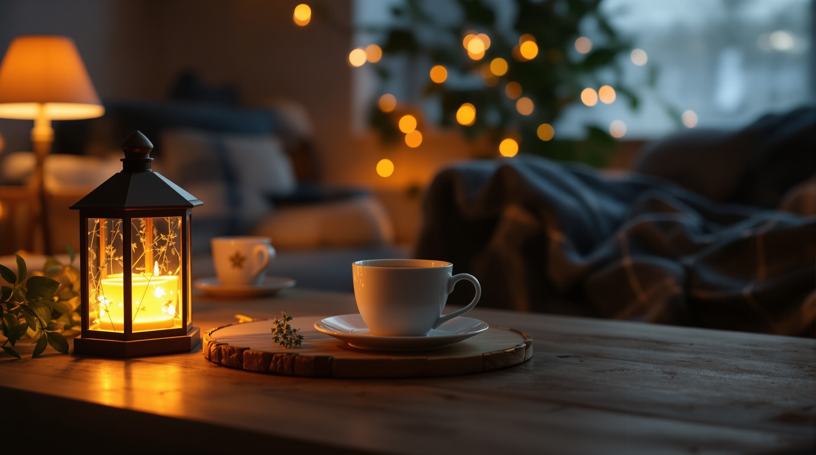 Gemütliche Abendszene mit warmem Lampenlicht, Kräutertee auf einem Holztisch und einer Decke auf dem Sofa