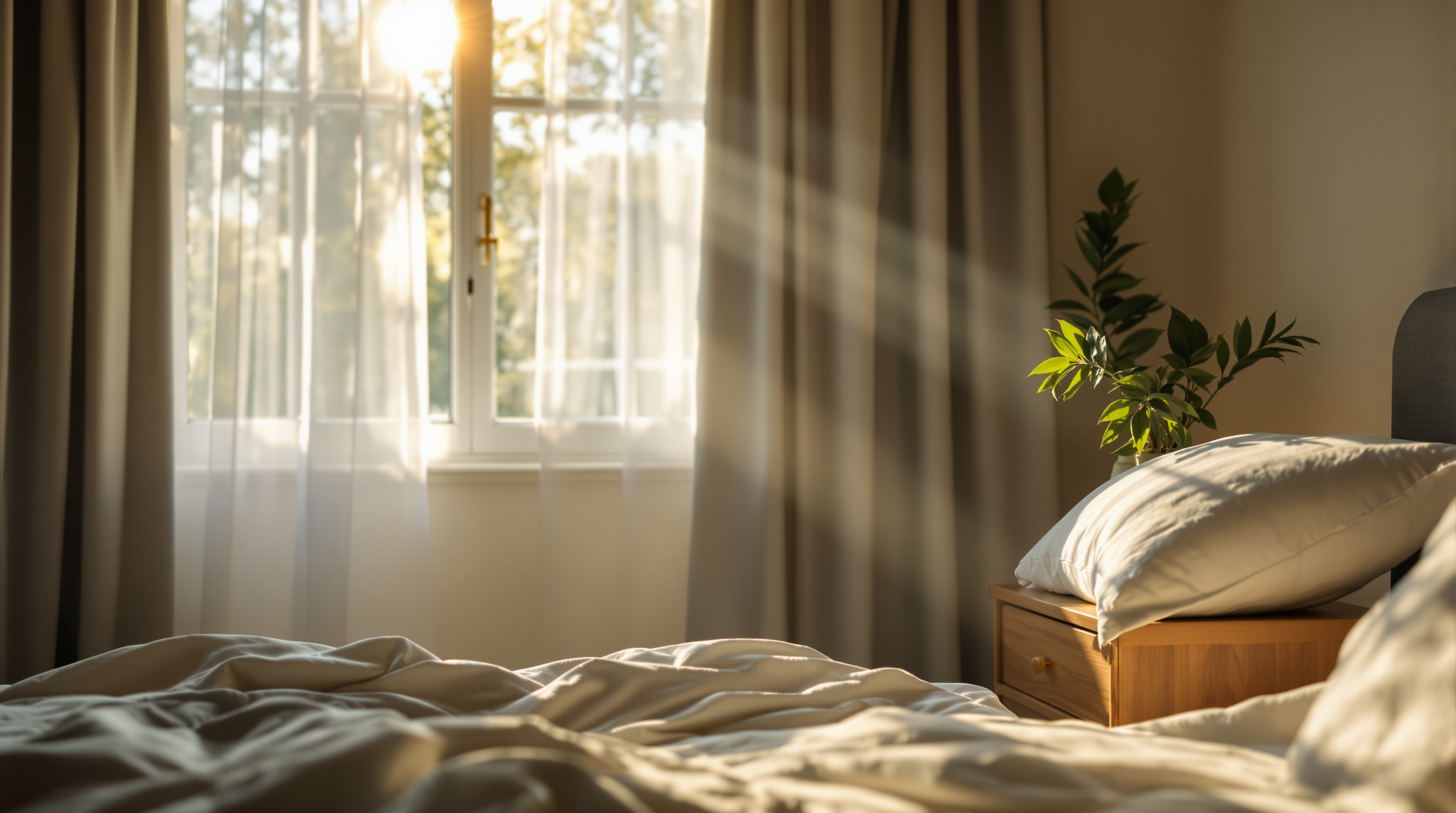 Morgenlicht durch ein Schlafzimmerfenster, frische Bettwäsche und ein Glas Wasser auf dem Nachttisch