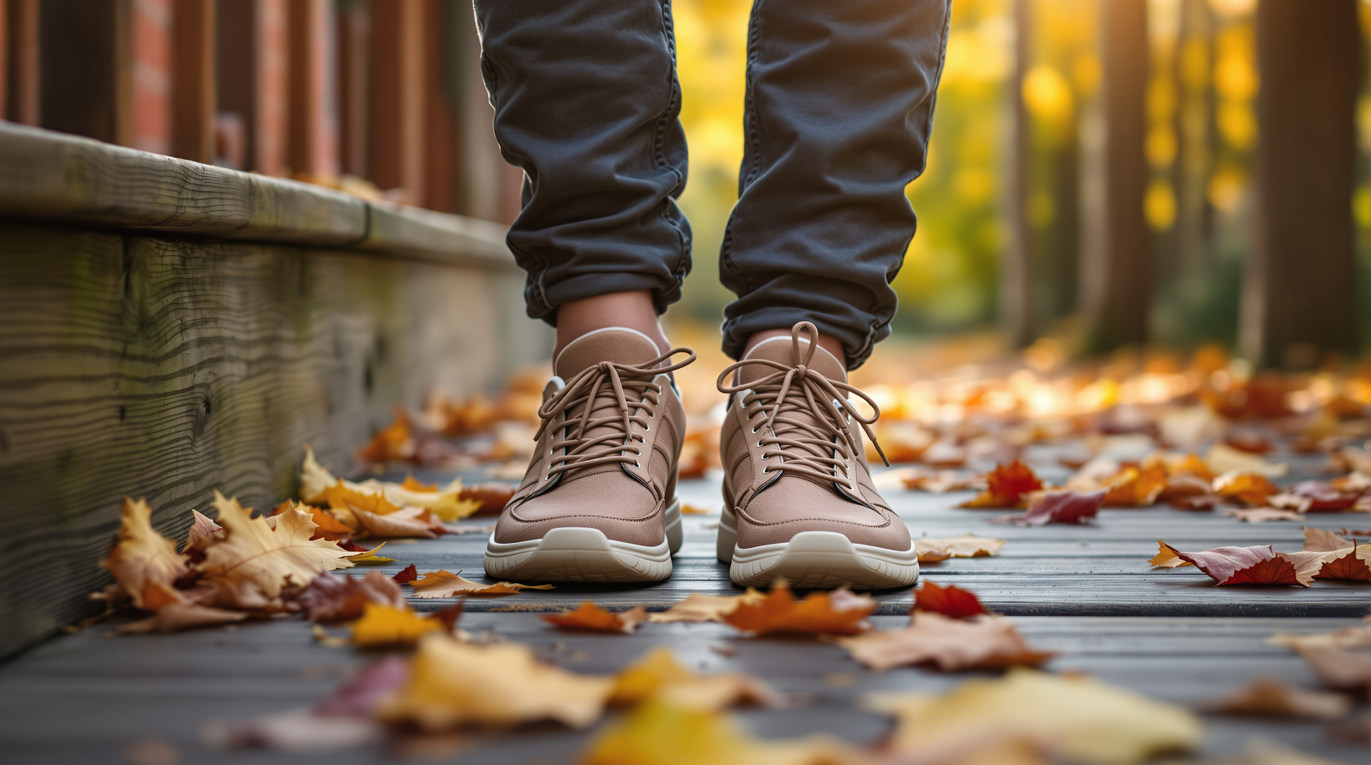 Bequeme Schuhe auf einer Türschwelle mit Herbstlaub, bereit für einen Spaziergang