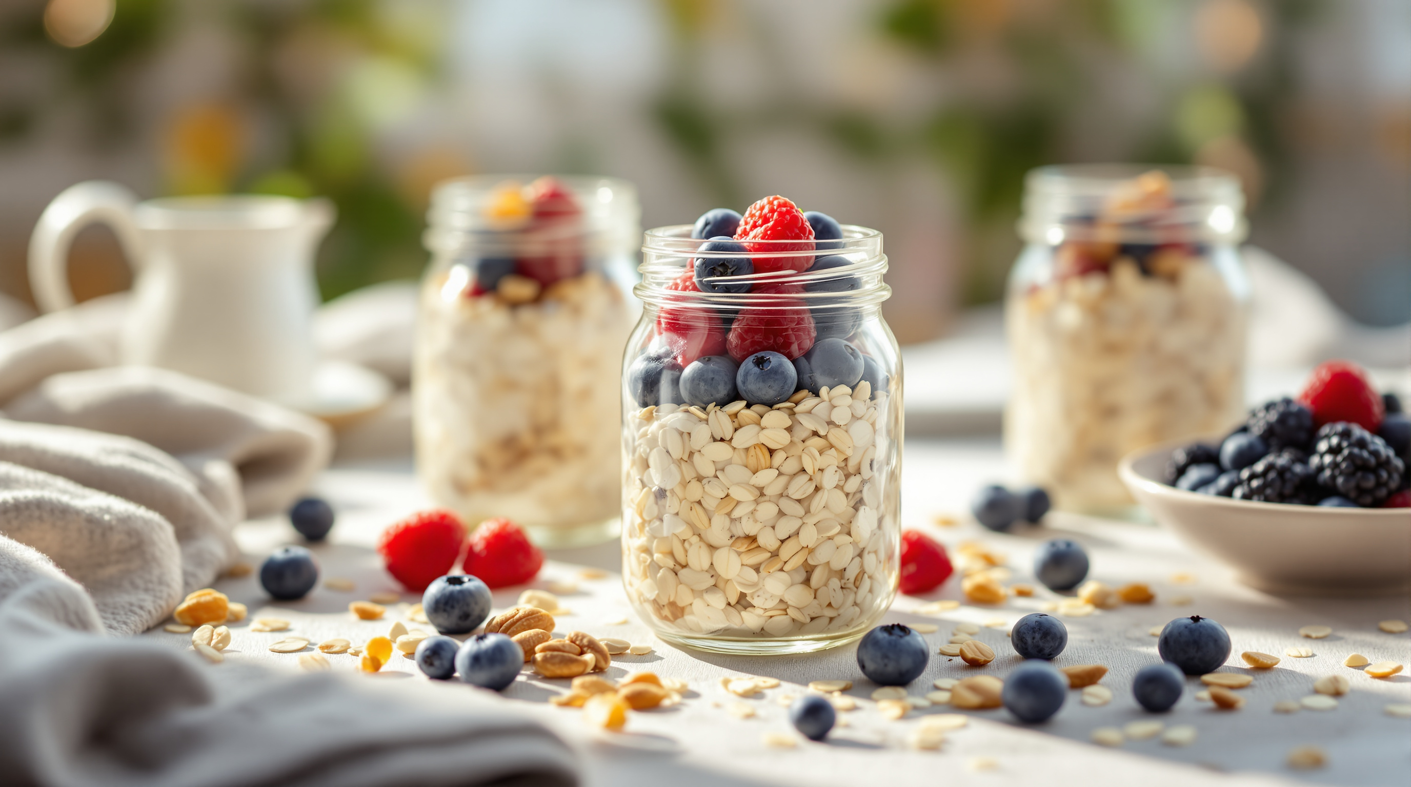 Frische Overnight Oats in Gläsern mit Beeren und Nüssen auf einem Frühstückstisch