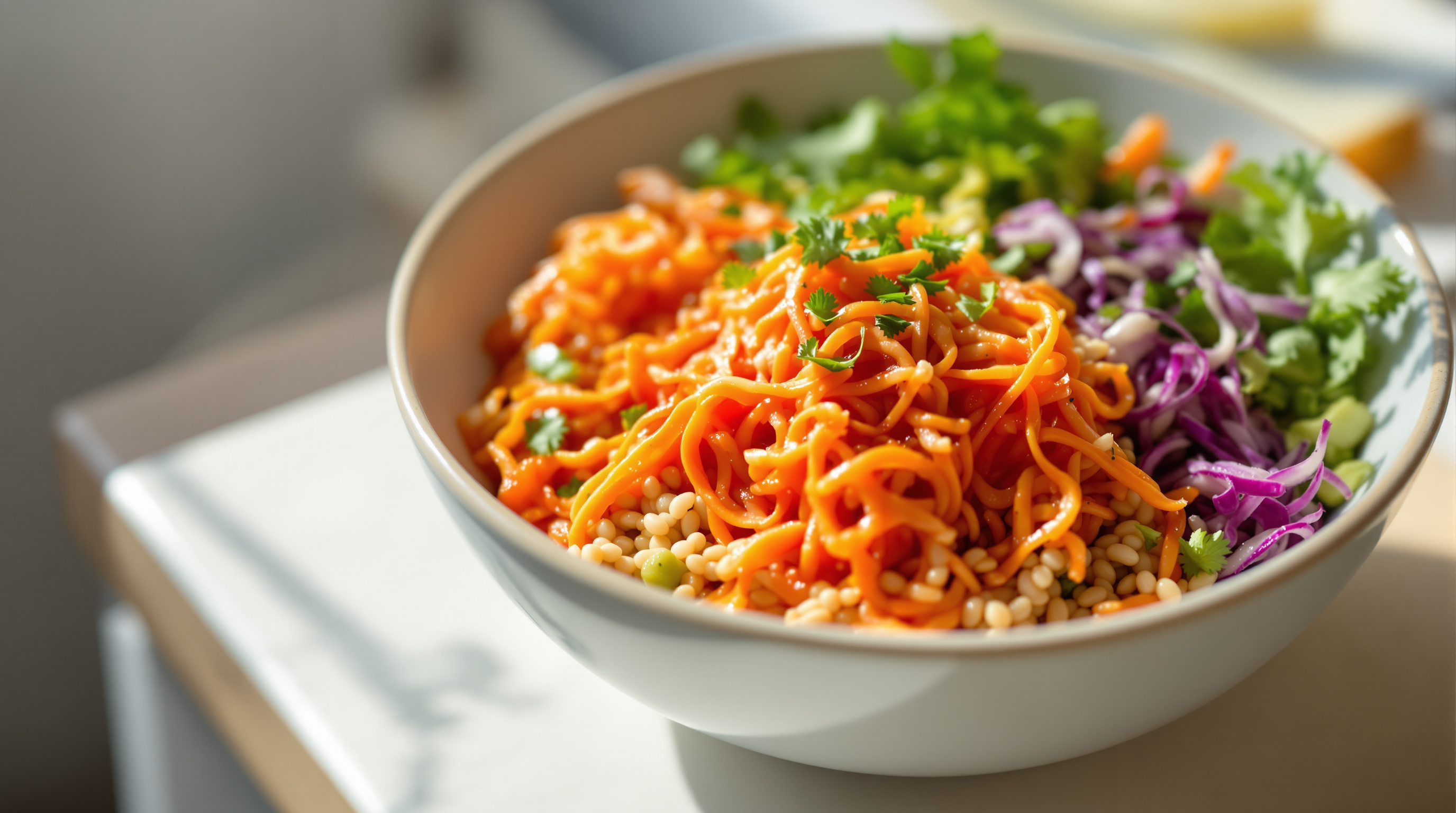 Frische Bowl mit Kimchi, Gemüse und Getreide auf heller Küchenarbeitsplatte im Morgenlicht