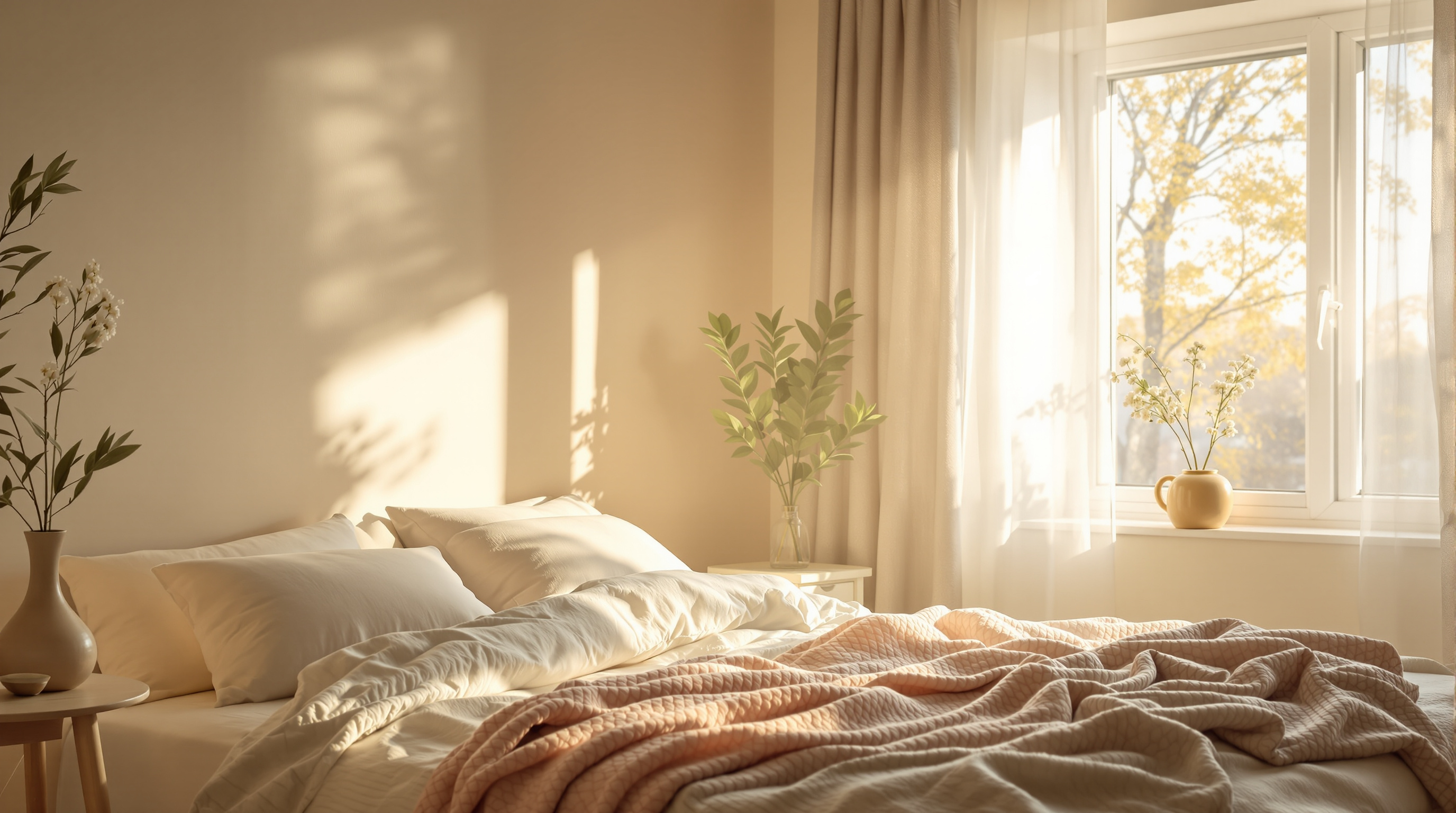 Gemütliches Schlafzimmer am Morgen mit sanftem Licht, das durch das Fenster fällt