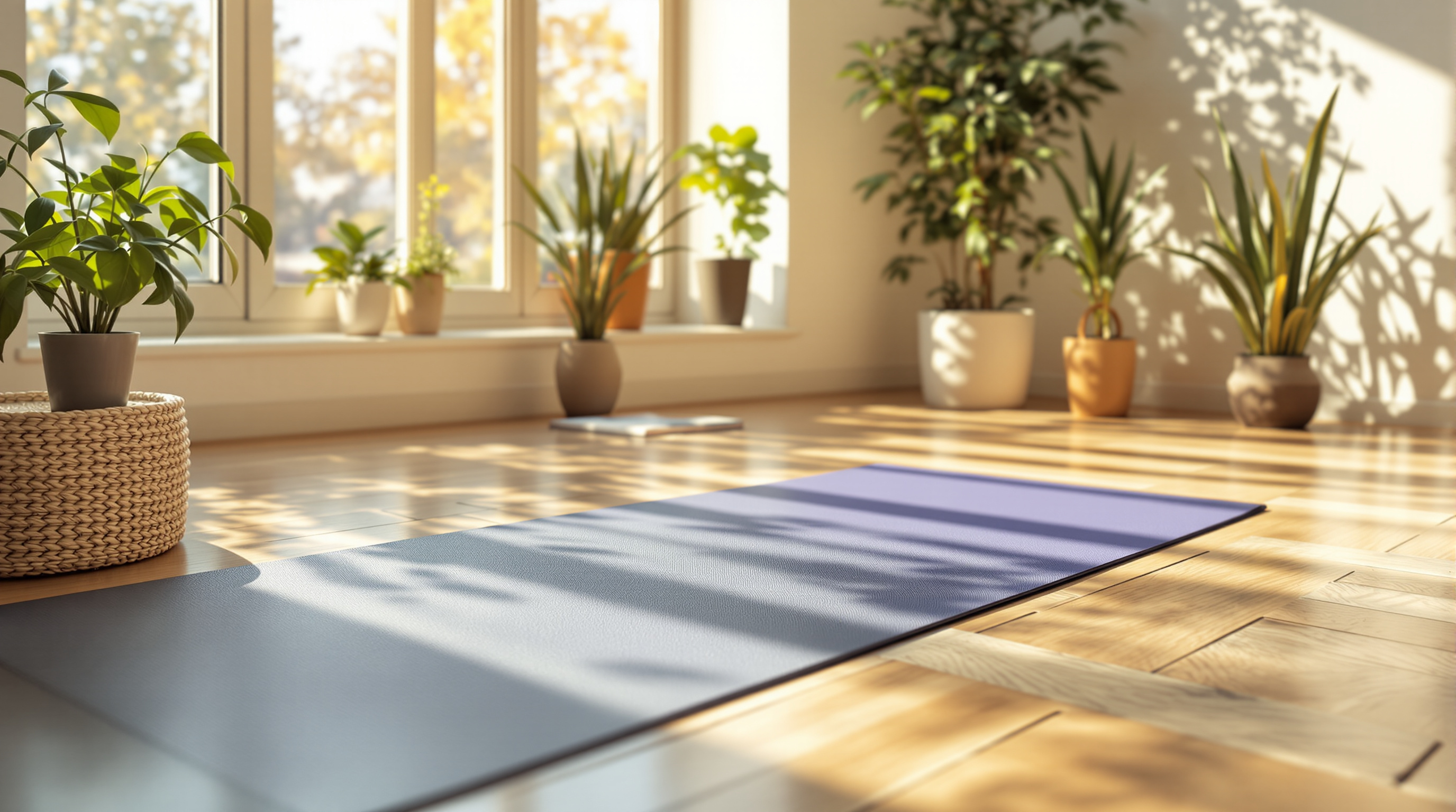 Helles Wohnzimmer mit Yogamatte auf Holzboden und Morgensonne, die durch das Fenster scheint