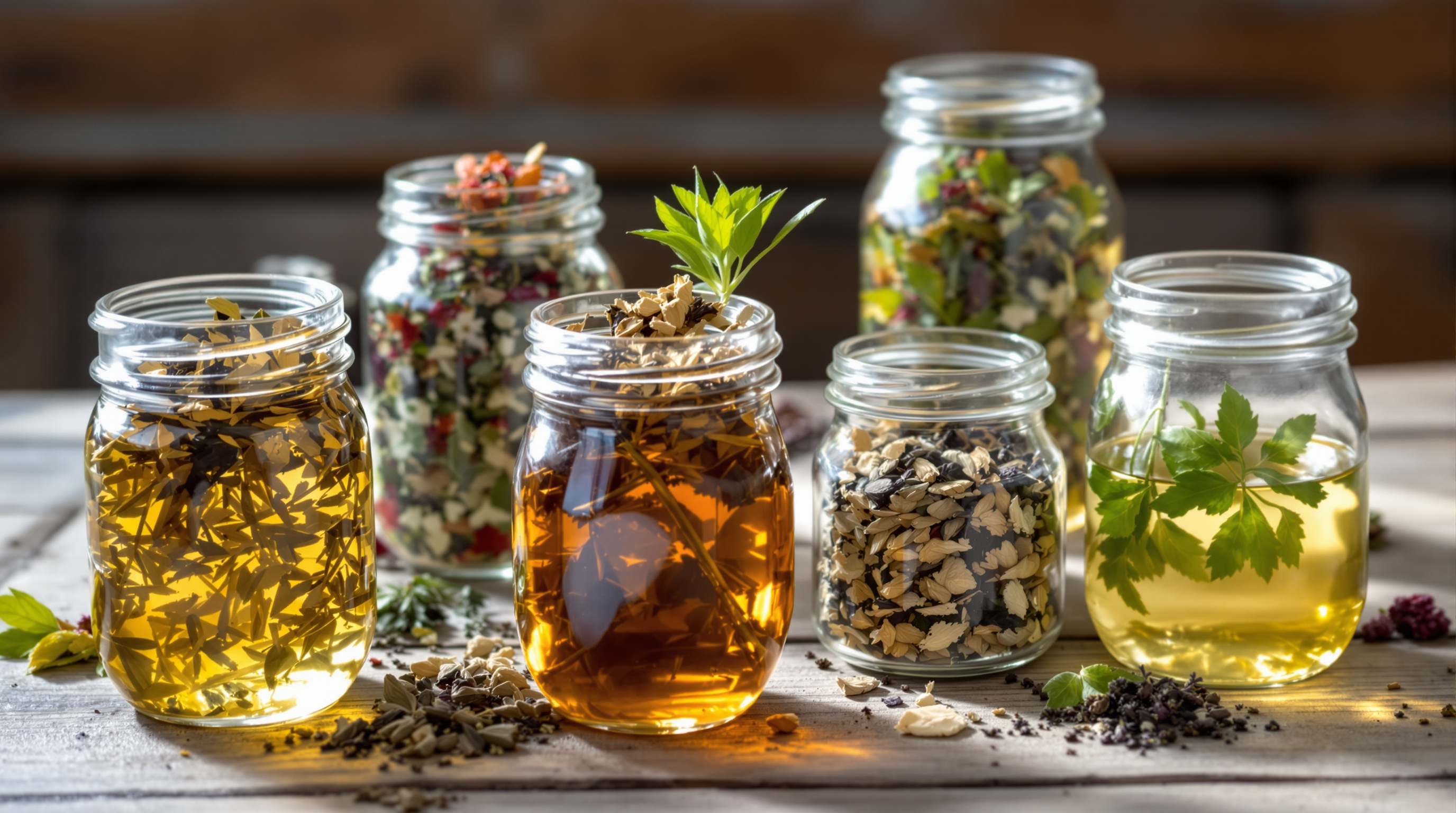 Verschiedene Kräutertees in Glasgefäßen mit getrockneten Kräutern und Blüten auf rustikalem Holz