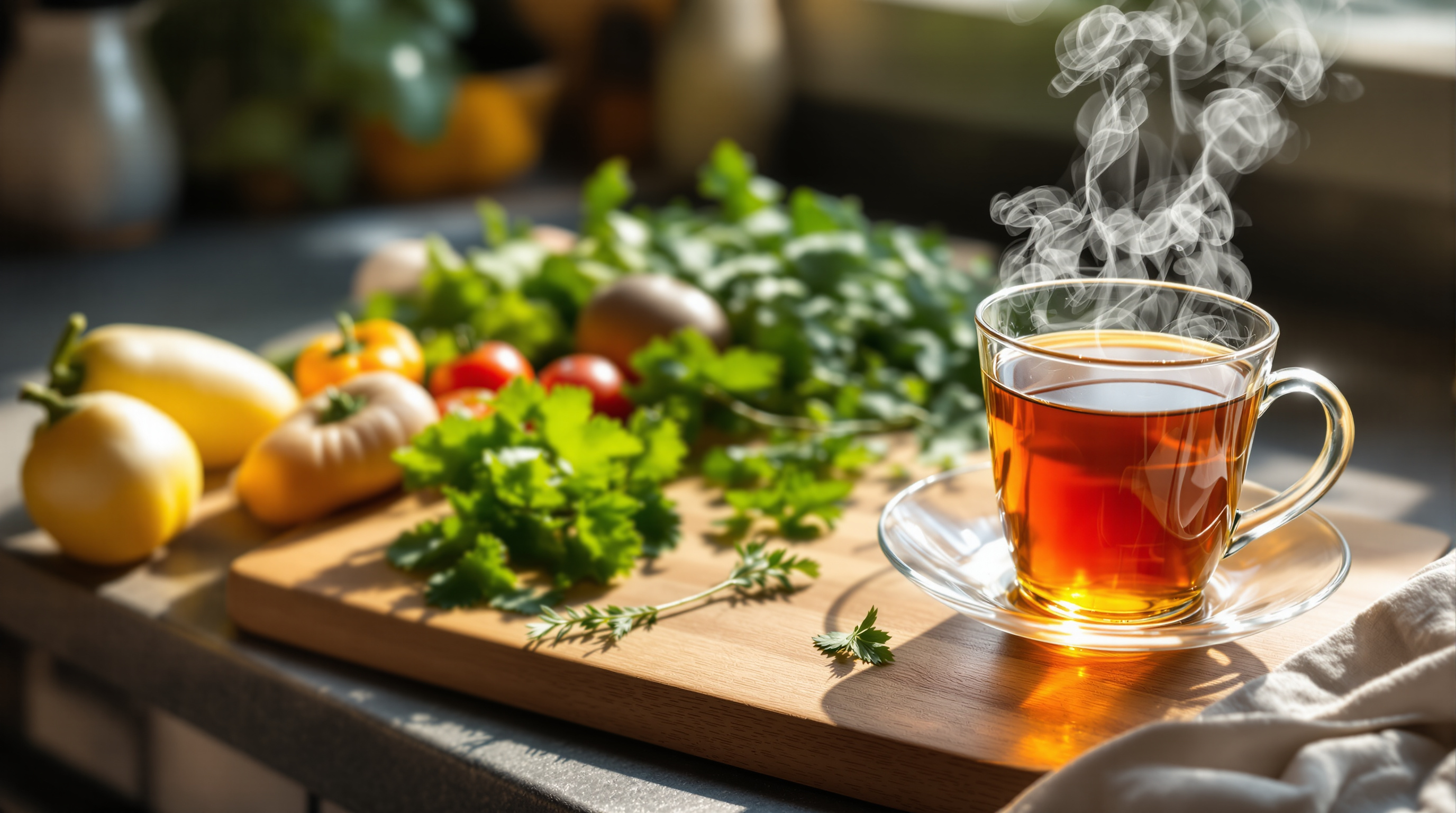 Gemütliche Küchenszene mit Holzbrett, frischem Gemüse und einer dampfenden Tasse Kräutertee