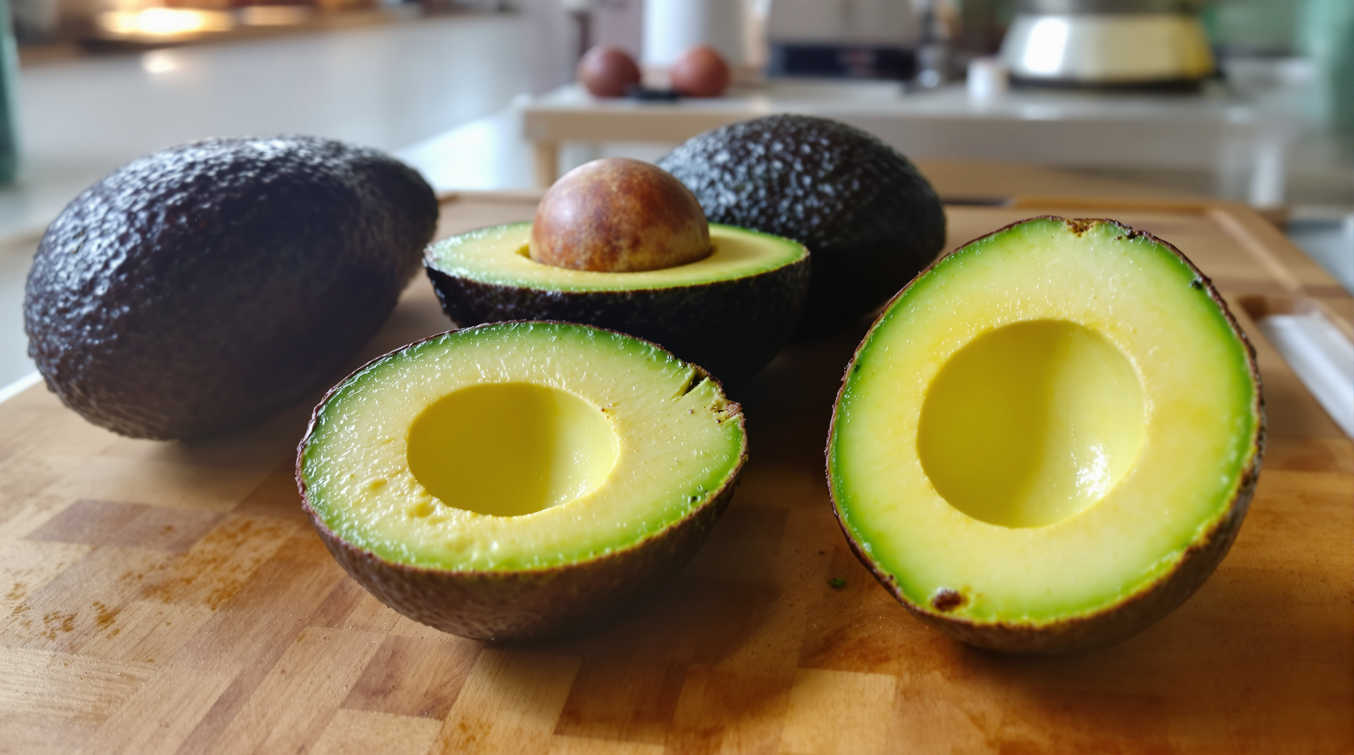 Frische aufgeschnittene Avocado auf einem Holzbrett in natürlichem Licht