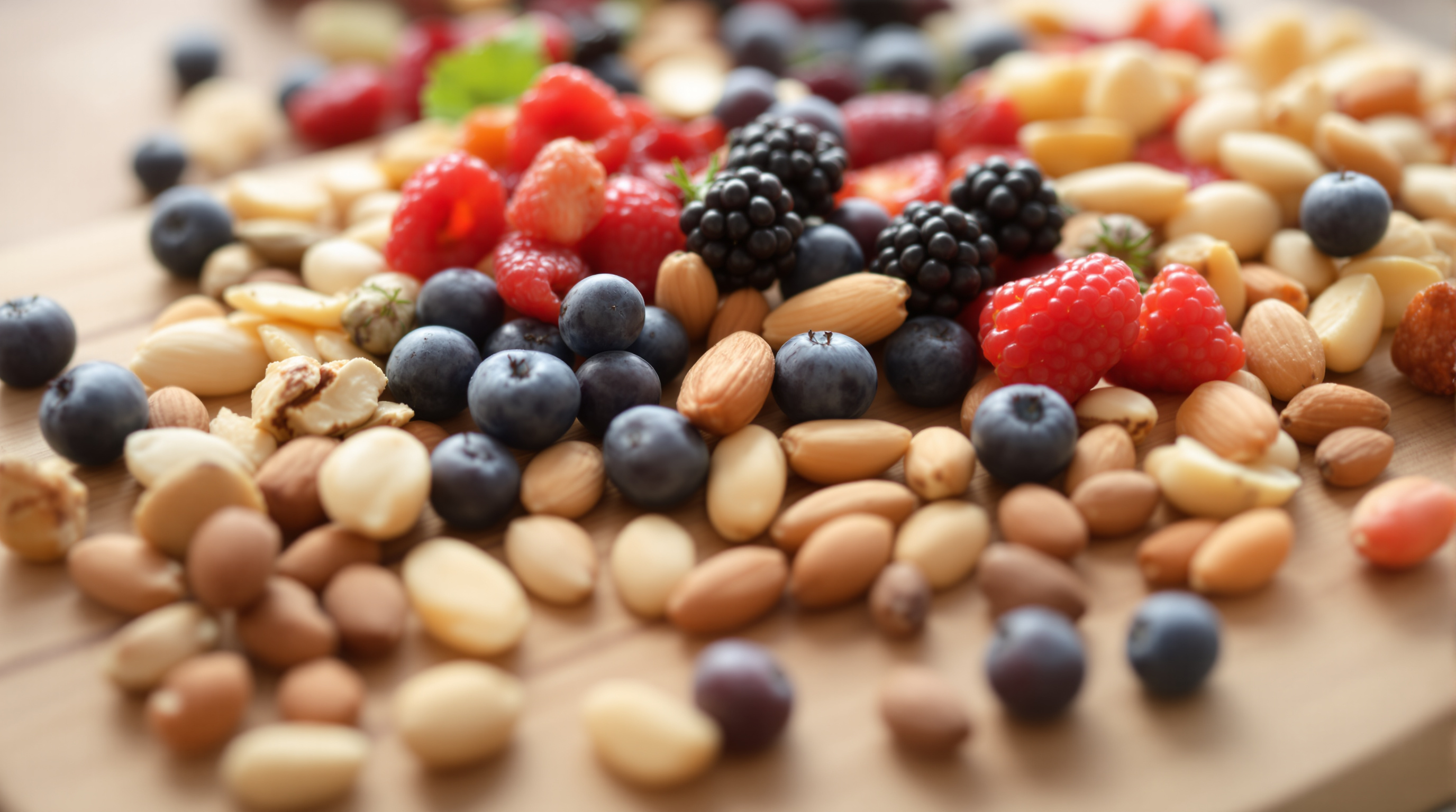 Natürliche Snacks wie Nüsse, Mandeln und Beeren auf einem Holzbrett arrangiert