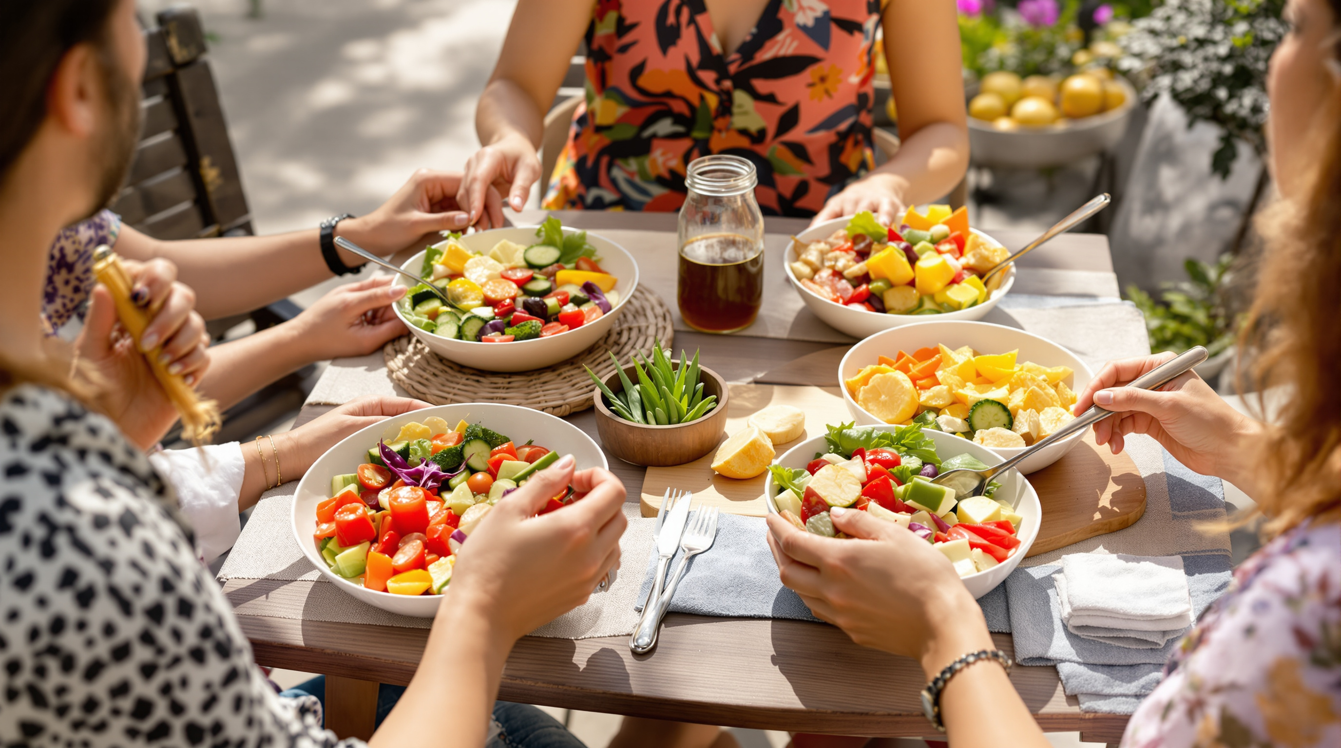 Freunde teilen eine gesunde Mahlzeit auf einer sonnigen Terrasse mit buntem Gemüse