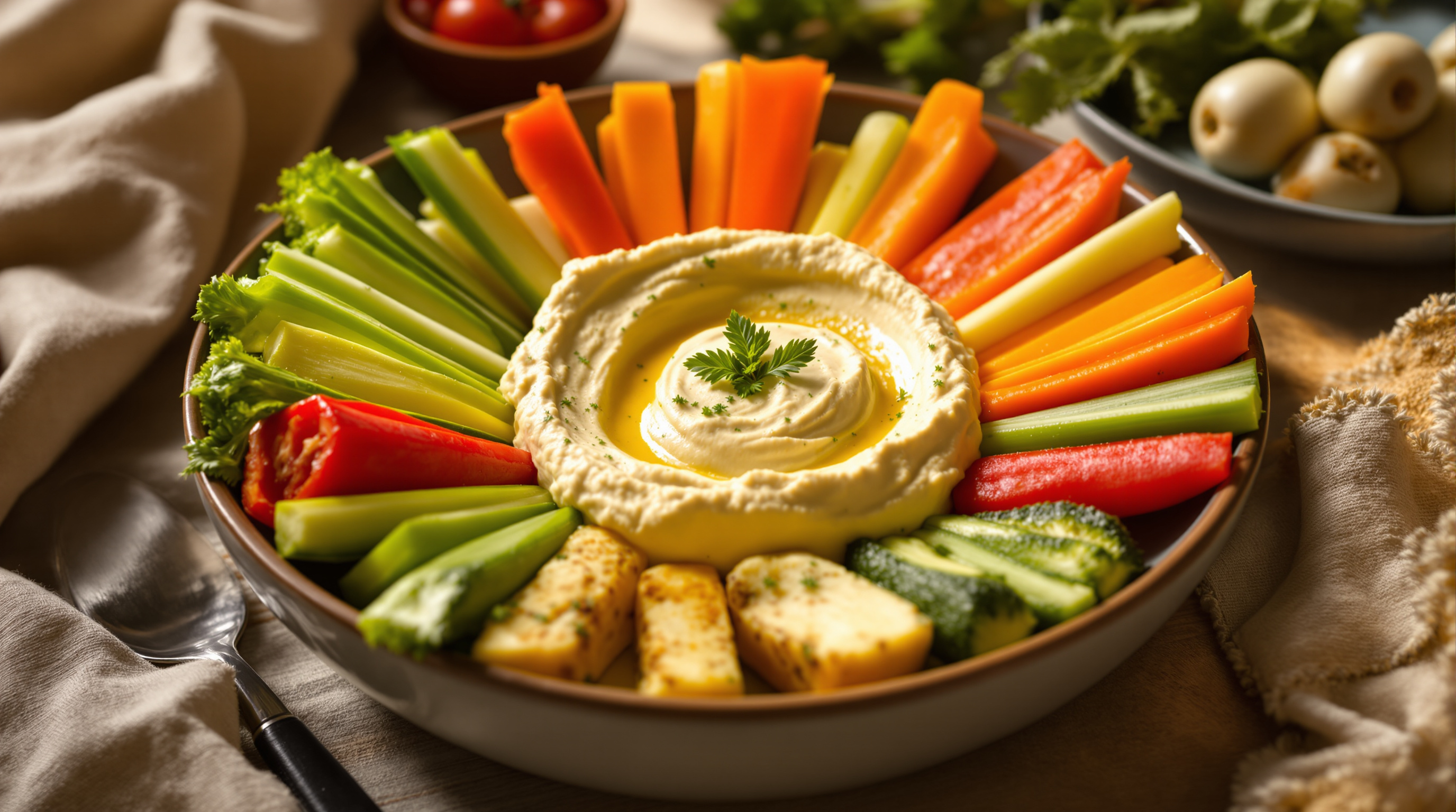 Frische Gemüsesticks mit cremigem Hummus-Dip in einer Keramikschale auf rustikalem Tisch