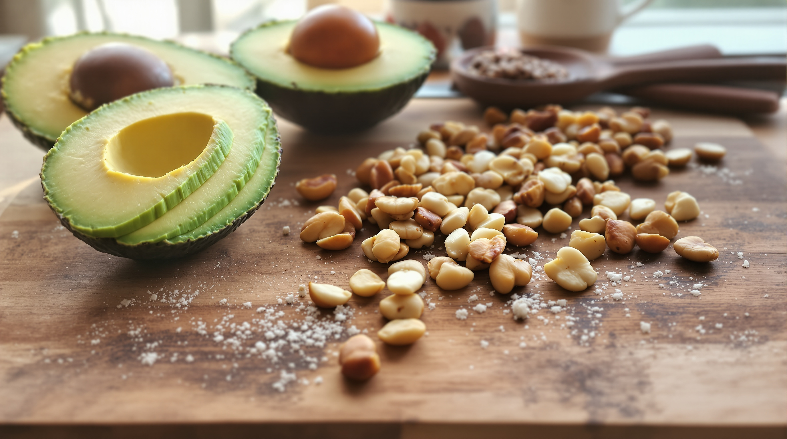 Aufgeschnittene Avocado und gemischte Nüsse auf einem rustikalen Holzbrett bei weichem Morgenlicht