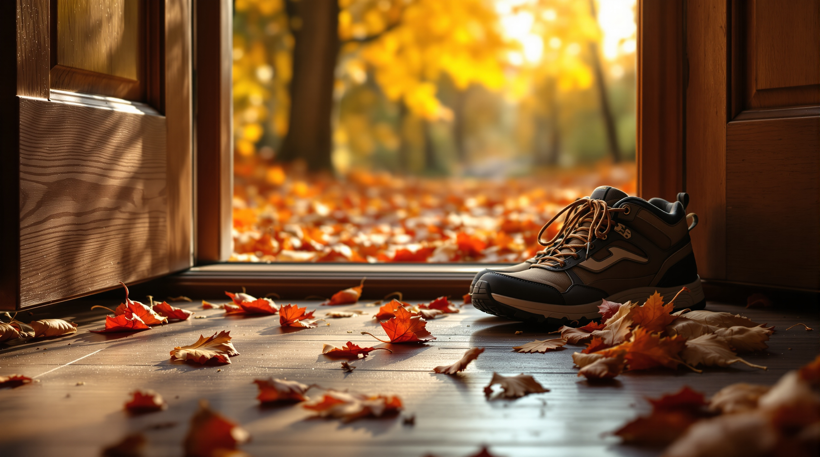 Gemütliche Szene mit Wanderschuhen bereit für einen herbstlichen Spaziergang nach dem Essen