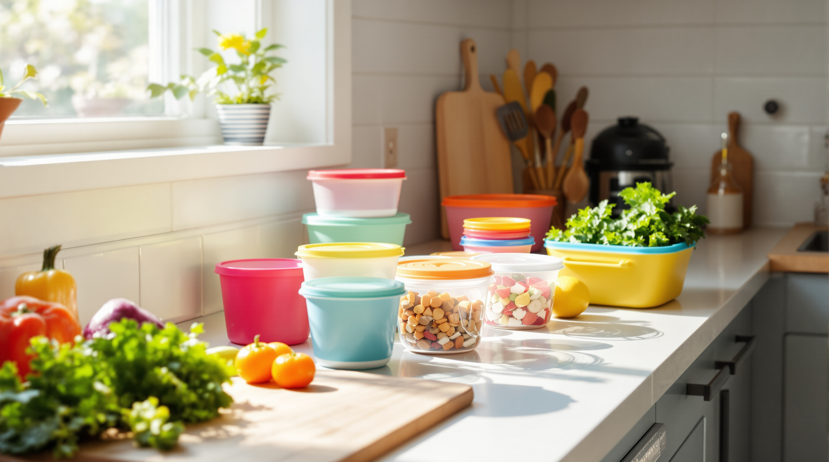 Helle Küche mit bunten Meal-Prep-Behältern und frischem Gemüse auf der Arbeitsfläche