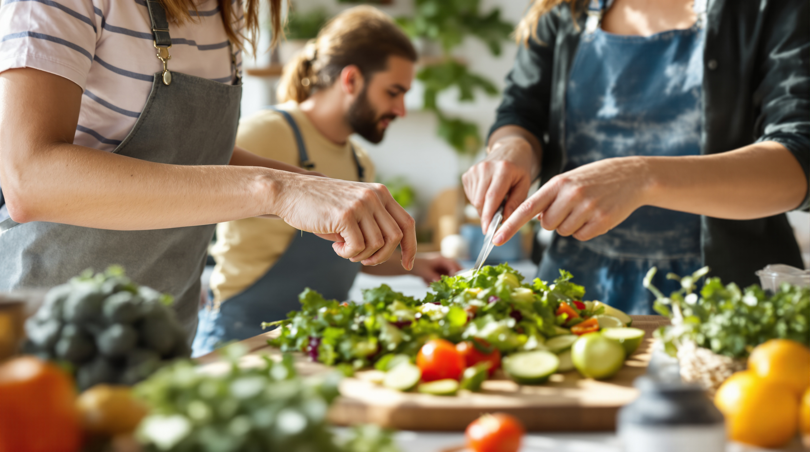 Freunde bereiten gemeinsam einen frischen Salat in einer hellen Küche zu